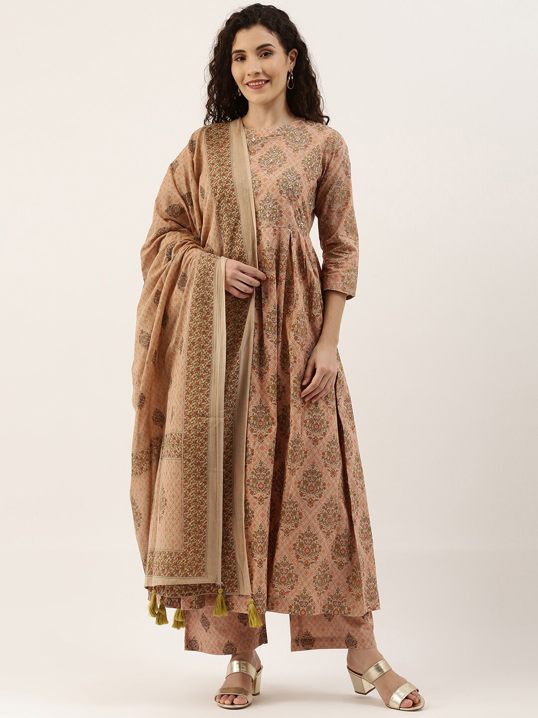 

KALINI Floral Printed Sequinned Pure Cotton Kurta with Palazzos & With Dupatta, Beige