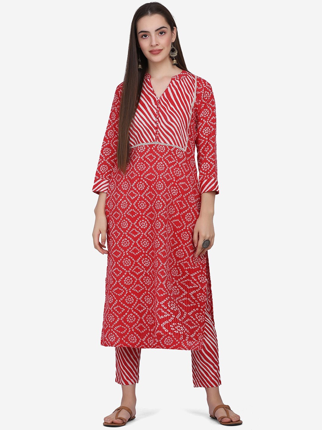 

KALINI Bandhani Printed Pure Cotton Kurta With Trousers, Red