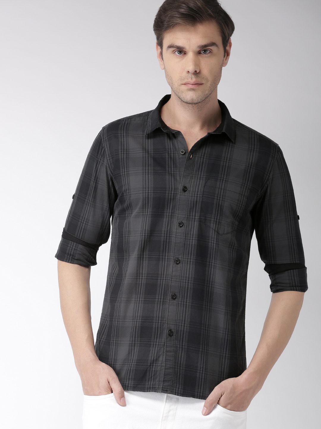 

HIGHLANDER Men Black & Grey Slim Fit Checked Casual Shirt