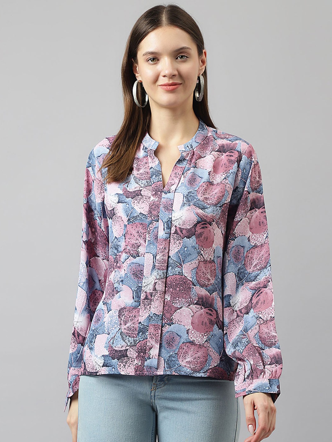 

KERI PERRY Purple Floral Print Mandarin Collar Cuffed Sleeve Shirt Style Top
