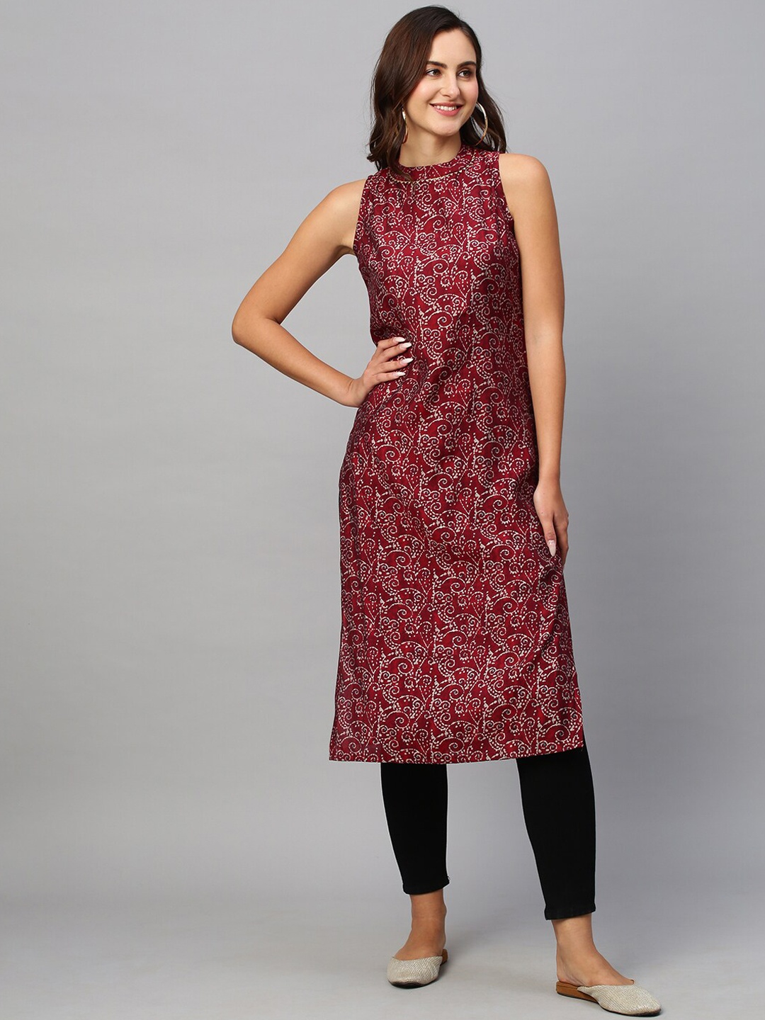 

Sangria Maroon Ethnic Motifs Printed Halter Neck Straight Kurta