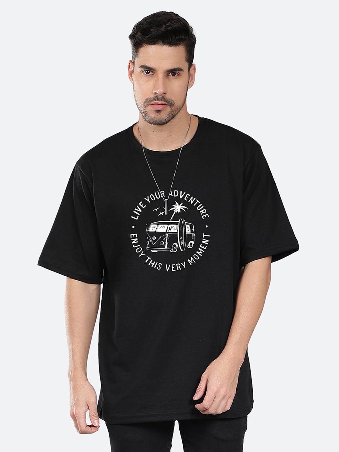Mad Over Print Typography Printed Cotton T-shirt, Black