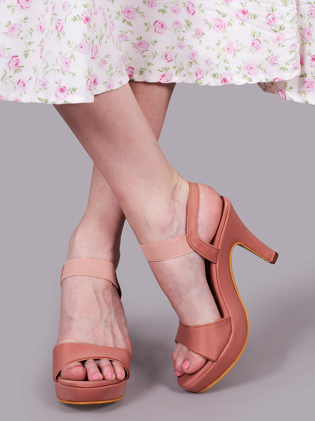 

sneakers villa Open Toe Platform Heels with Ankle Loop, Peach