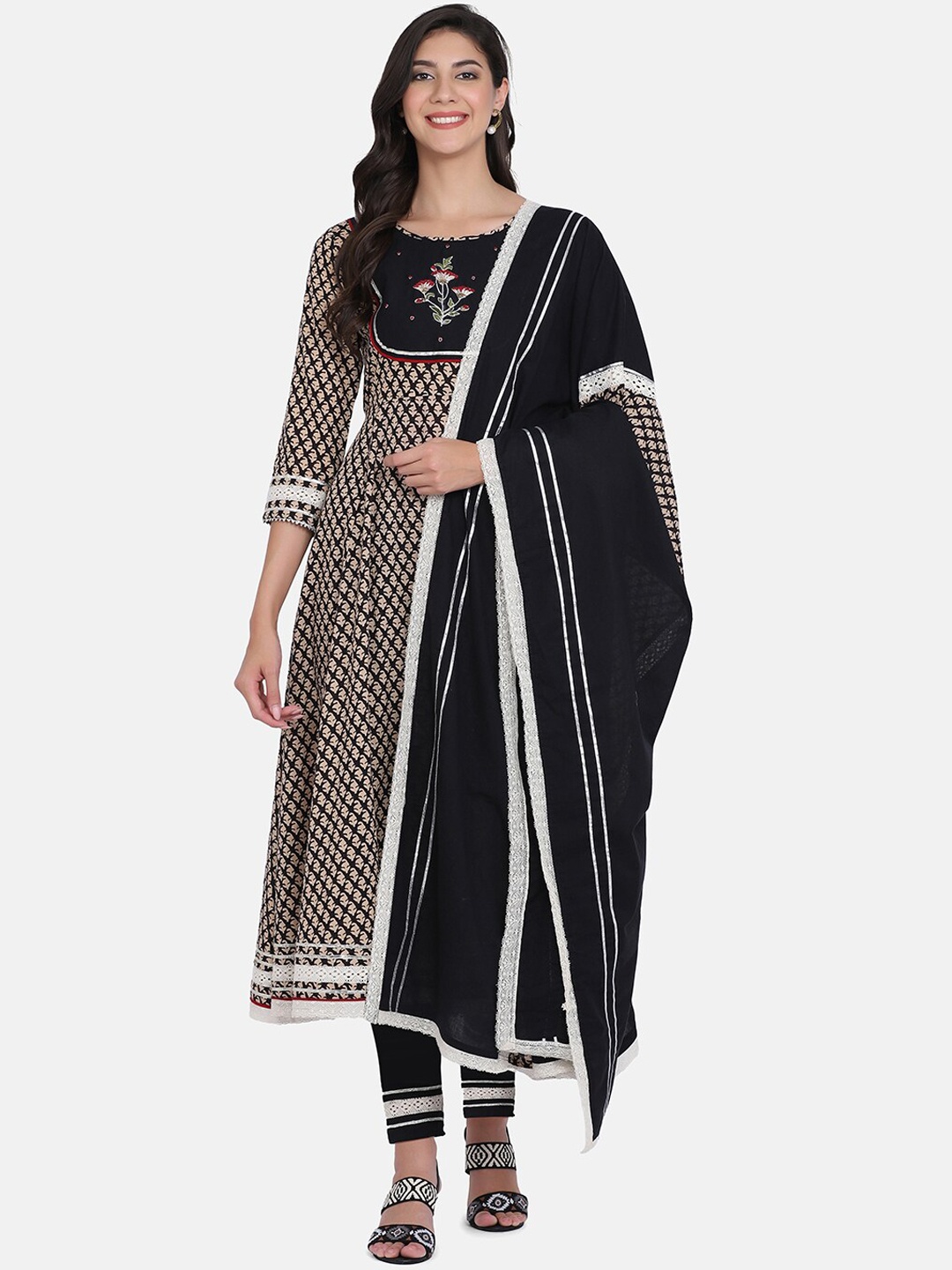 

Saanjh Black Ethnic Motifs Printed Pure Cotton Anarkali Kurta With Trousers & With Dupatta