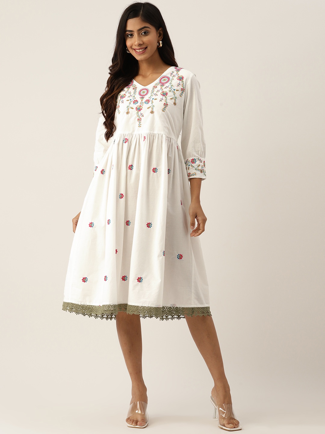 

MISRI Floral Embroidered Cotton A-Line Dress, White