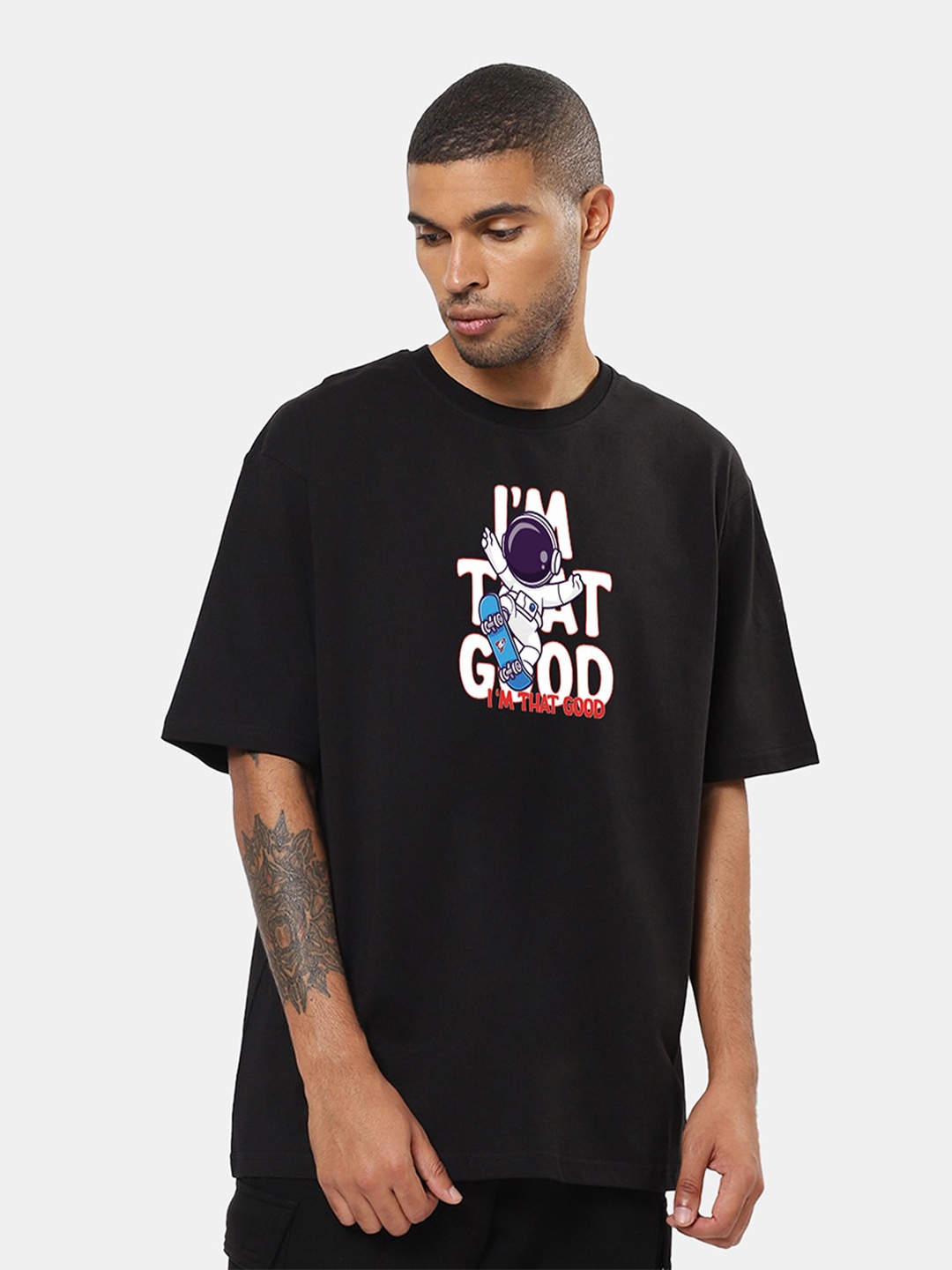 

Mad Over Print Typography Printed Cotton Oversized T-shirt, Black