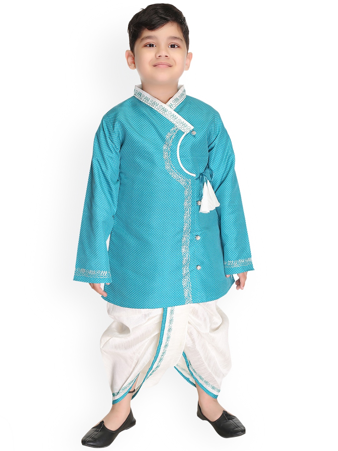 

BAESD Boys Printed Angrakha Pure Cotton Kurta With Dhoti Pants, Turquoise blue