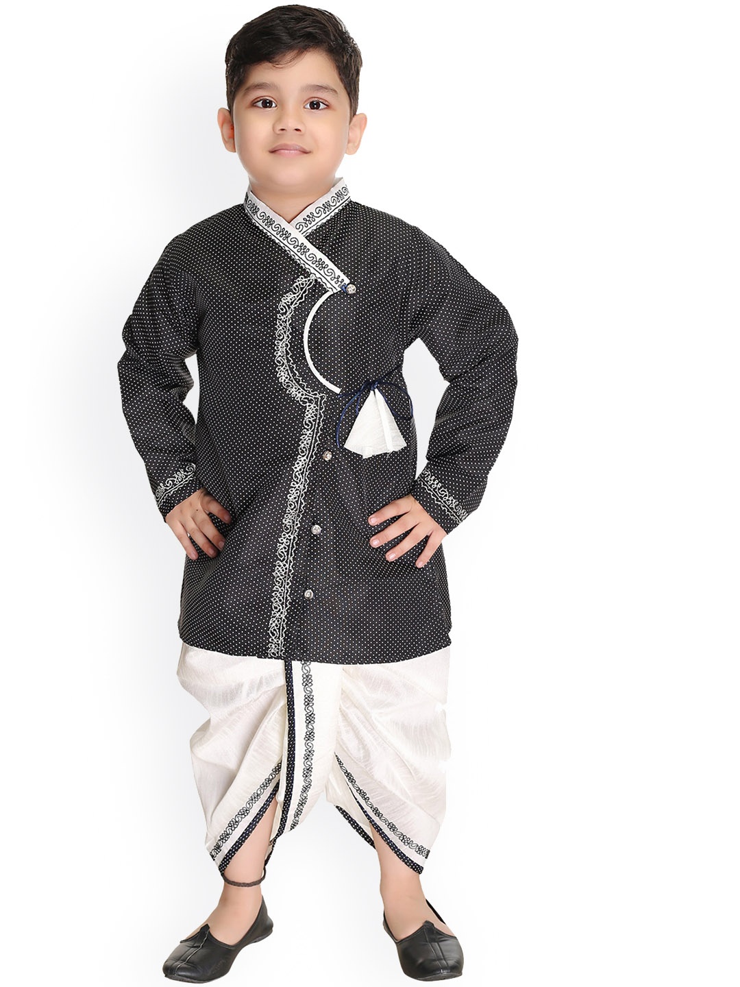 

BAESD Boys Ethnic Motifs Printed Angrakha Pure Cotton Kurta With Dhoti Pants, Black