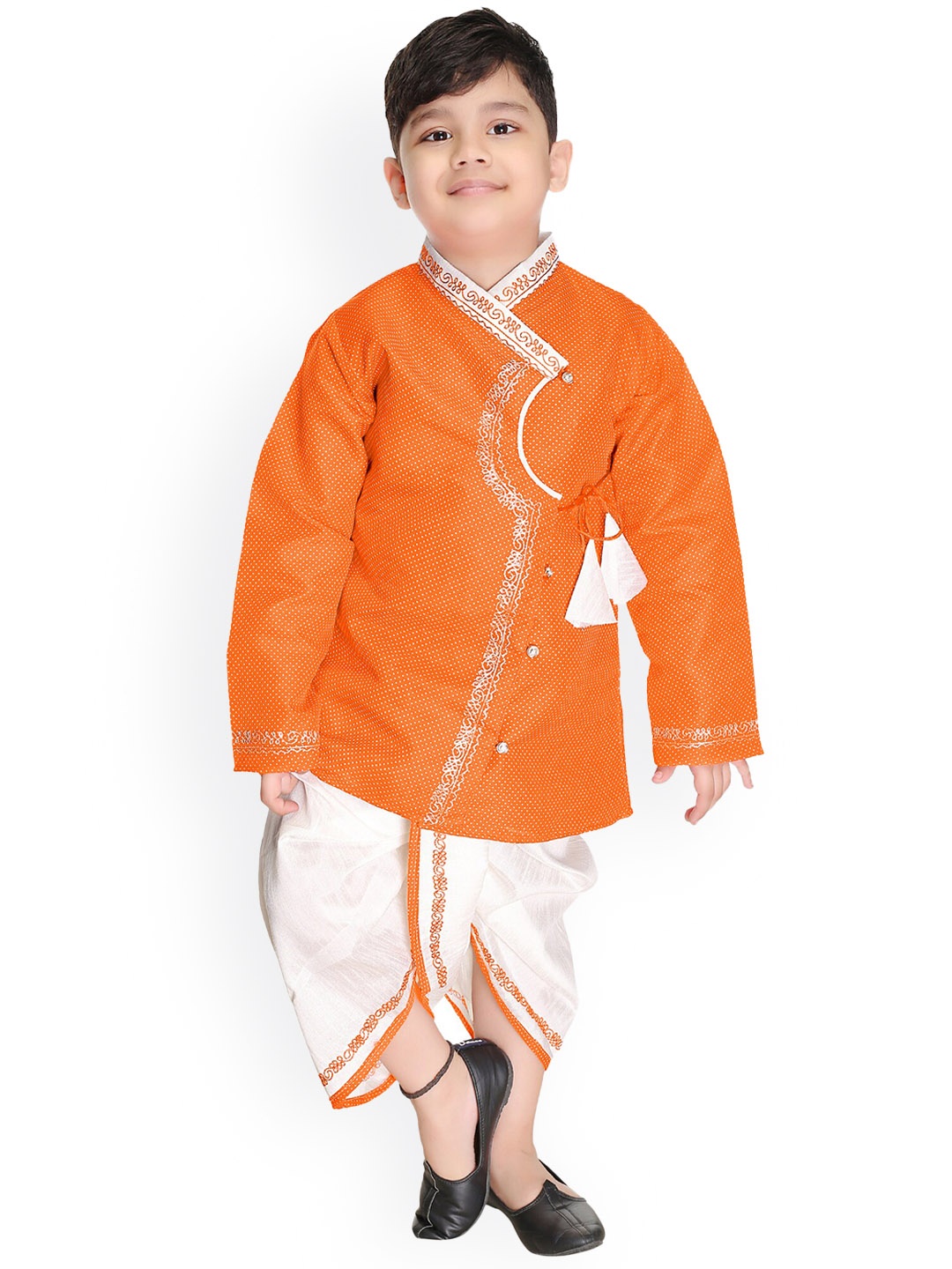 

BAESD Boys Woven Design Angrakha Pure Cotton Kurta With Dhoti Pants, Orange