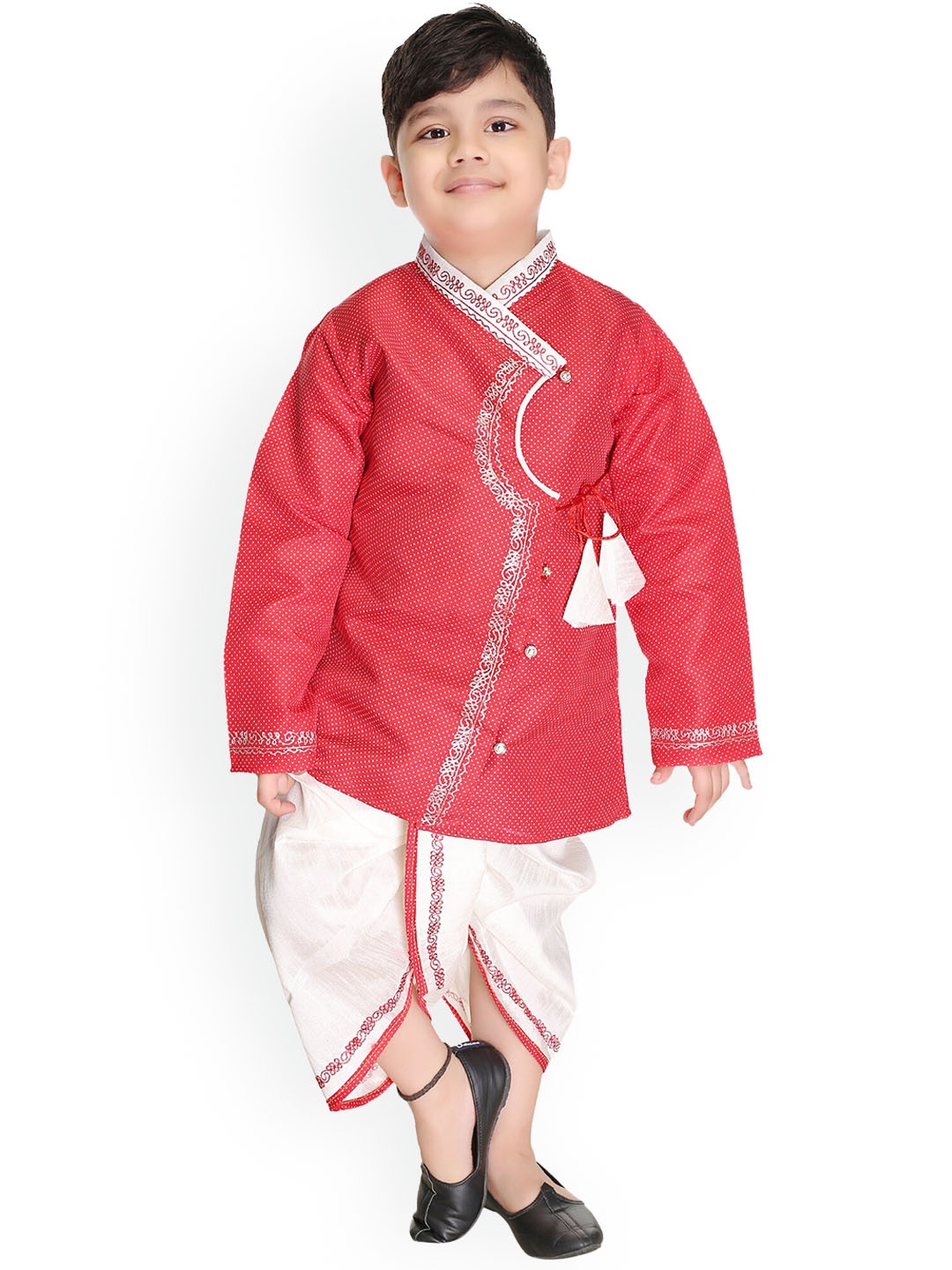 

BAESD Boys Printed Thread Work Angrakha Pure Cotton Kurta with Dhoti Pants, Red