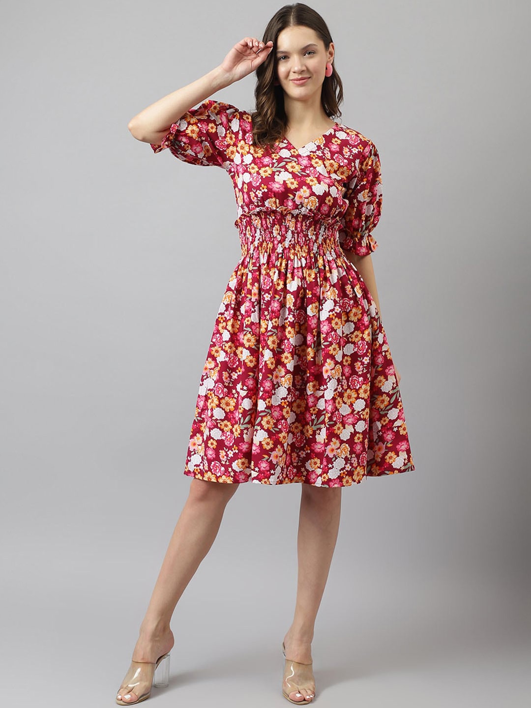 

KERI PERRY Maroon & With Floral Printed Fit & Flare Dress
