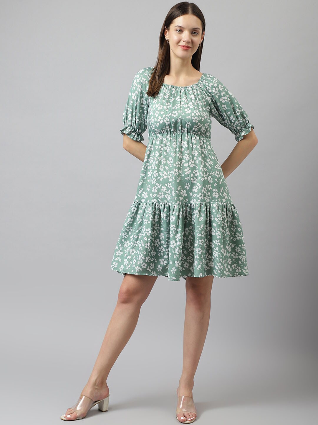 

KERI PERRY Floral Printed Puff Sleeves Tiered Fit & Flare Dress, Sea green