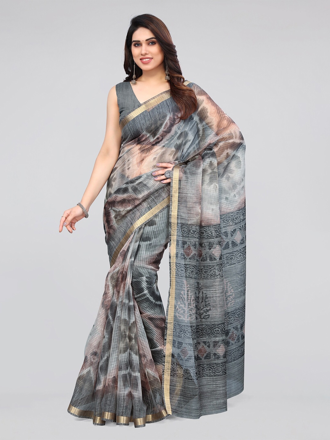 

KALINI Grey & Brown Tie And Dye Zari Block Print Saree