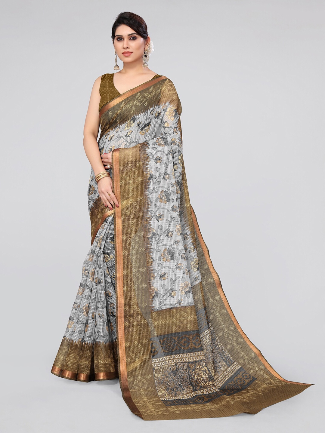 

MIRCHI FASHION Grey & Brown Floral Printed Zari Saree