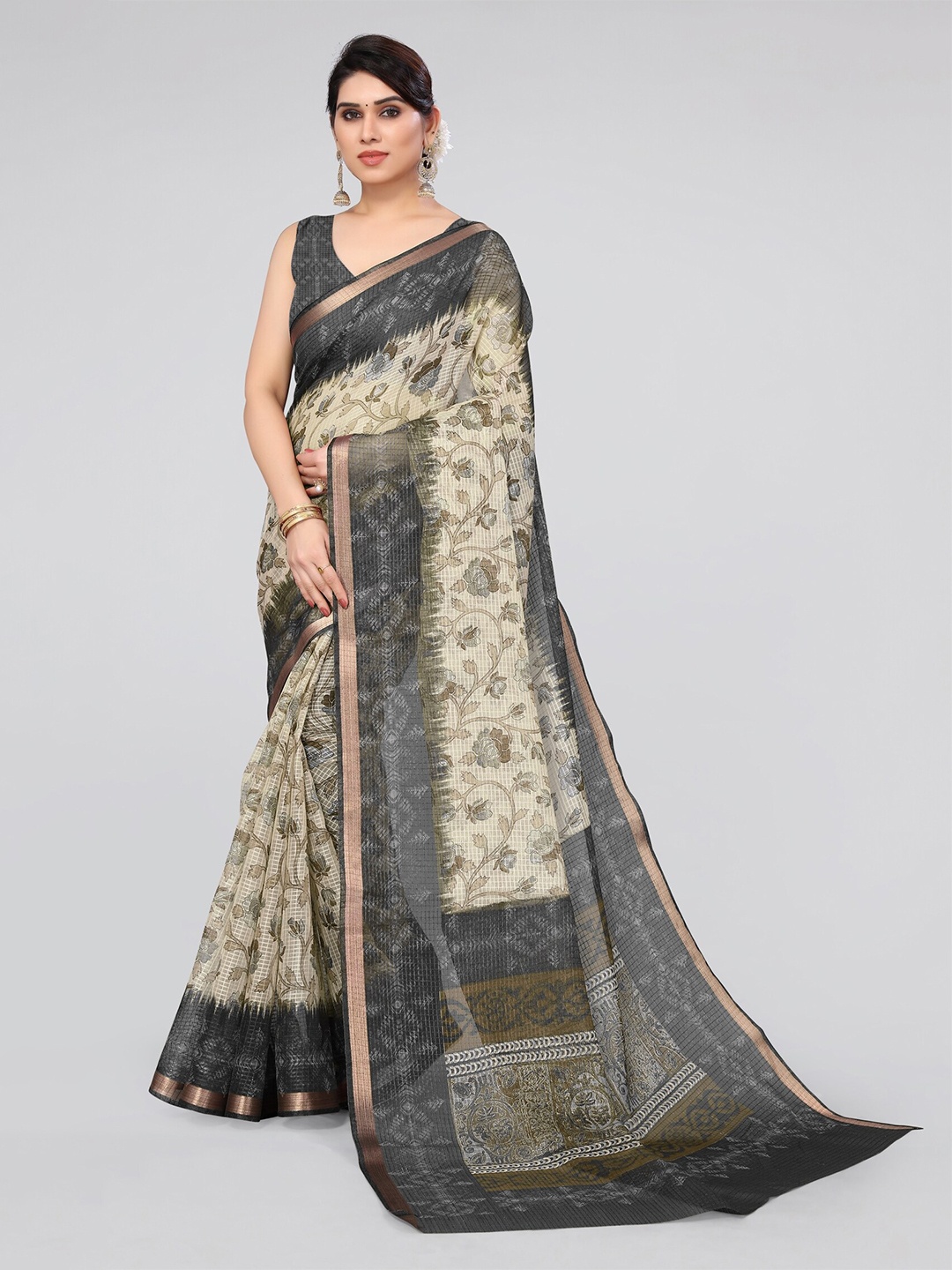 

MIRCHI FASHION Beige & Grey Floral Printed Zari Saree