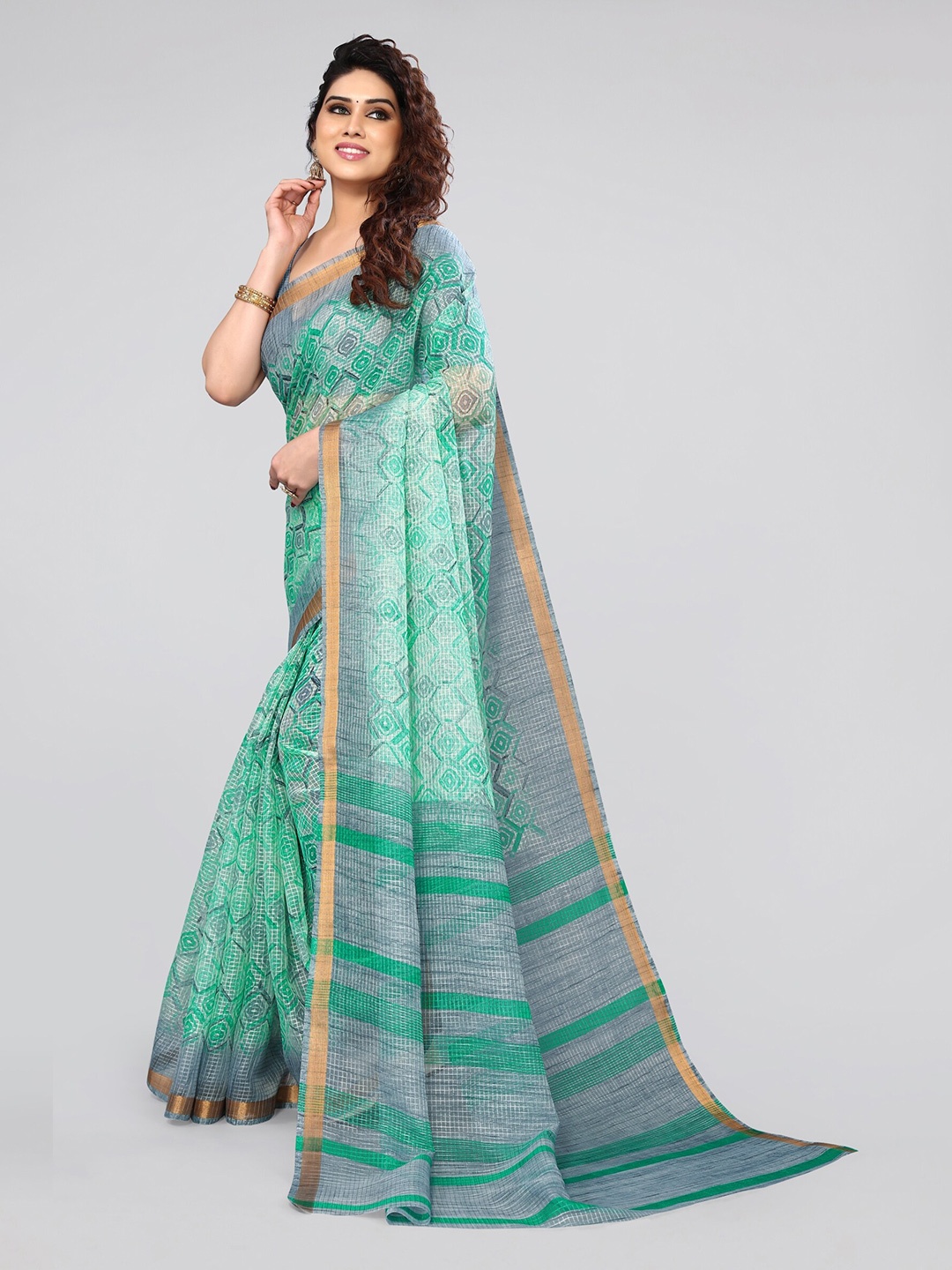 

KALINI Green & Grey Ethnic Motifs Printed Zari Saree
