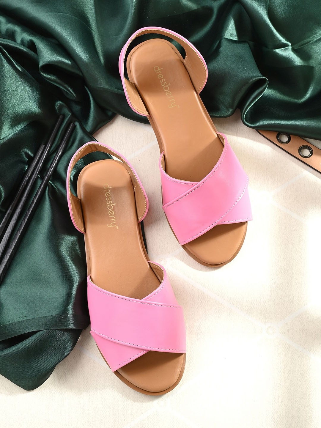 

DressBerry Pink Cross Over Open Toe Flats