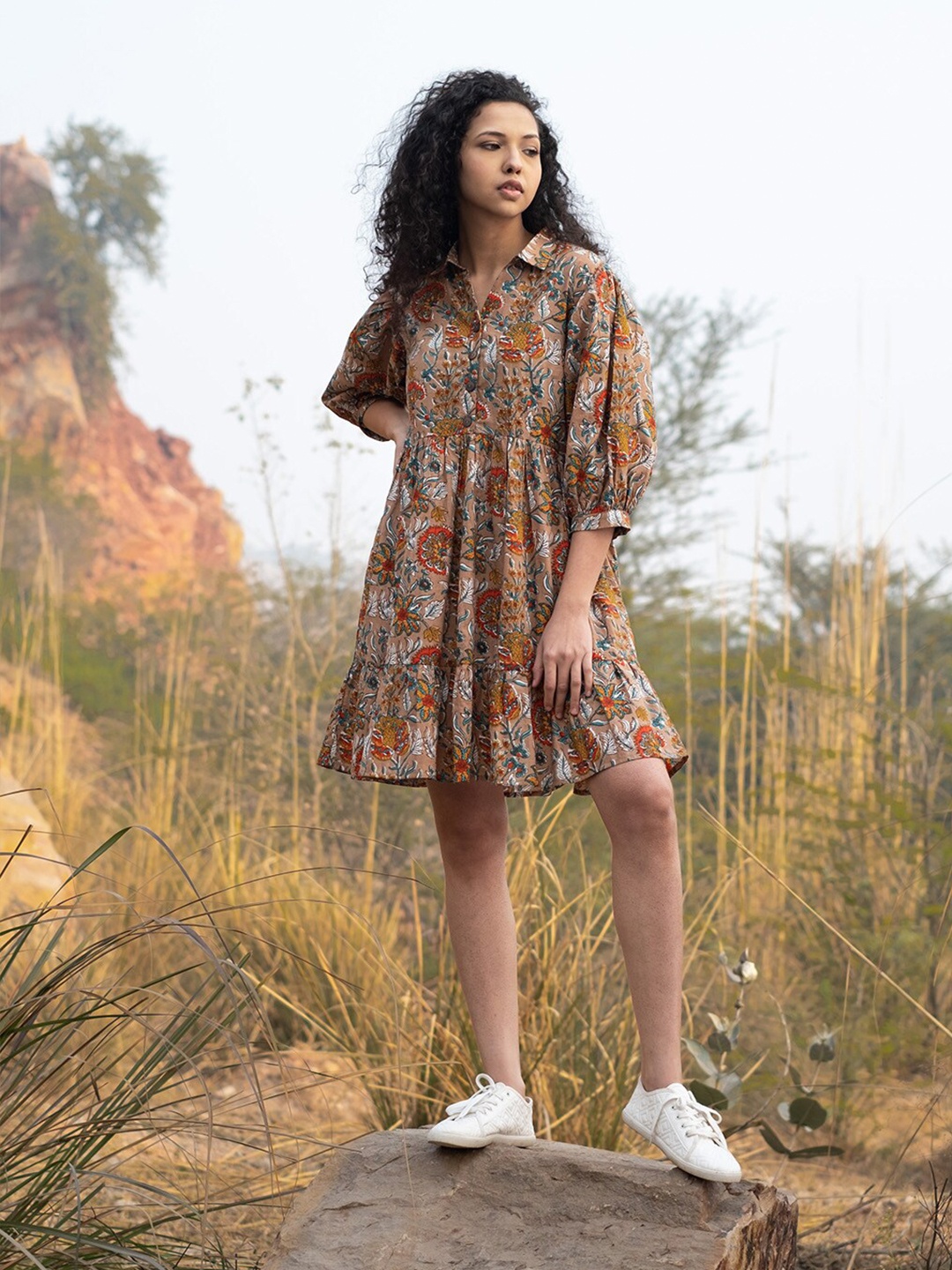 

AKISO Gathered Floral Printed Cotton Shirt Dress, Brown