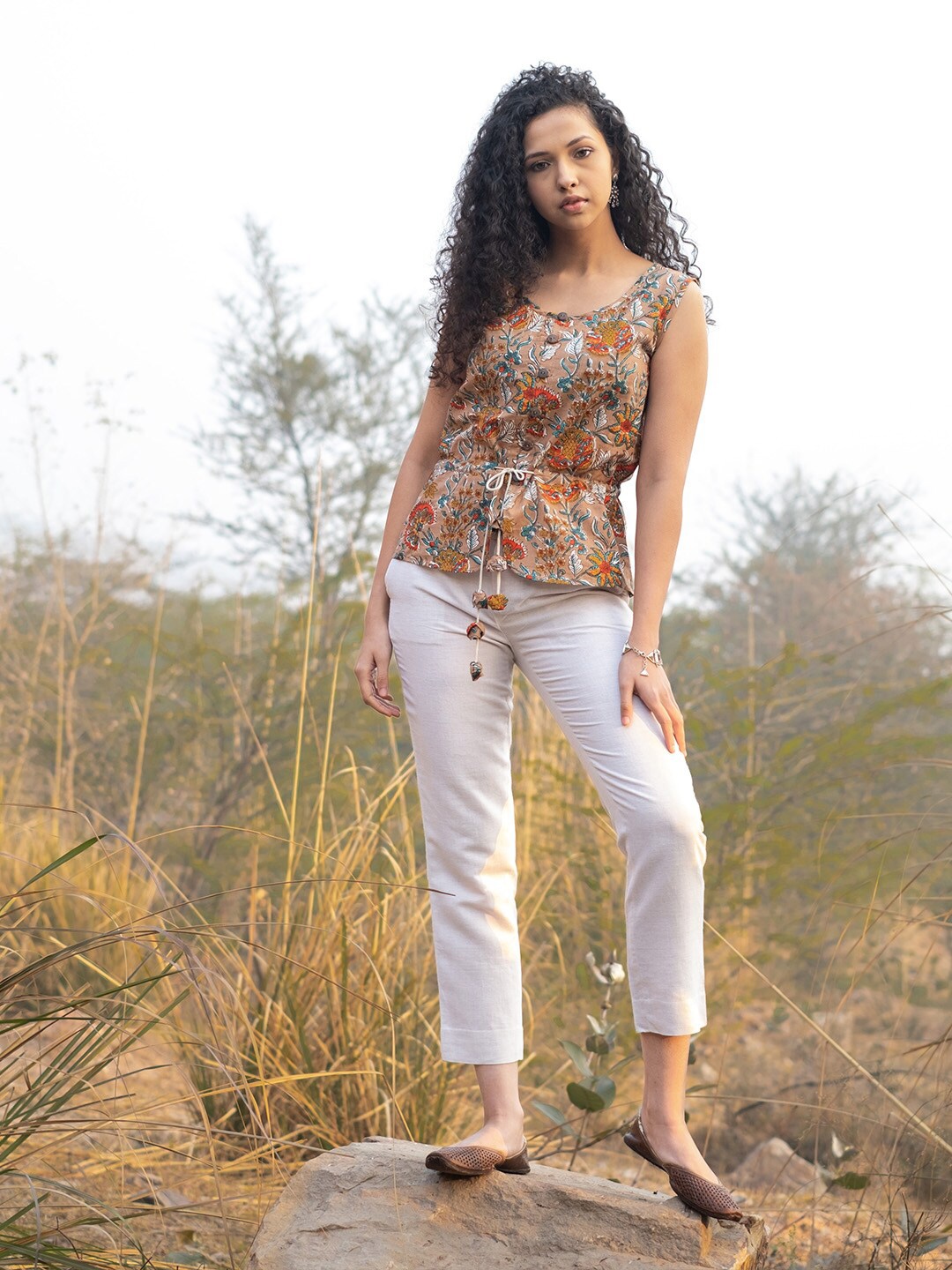 

AKISO Floral Print Cotton Top, Brown