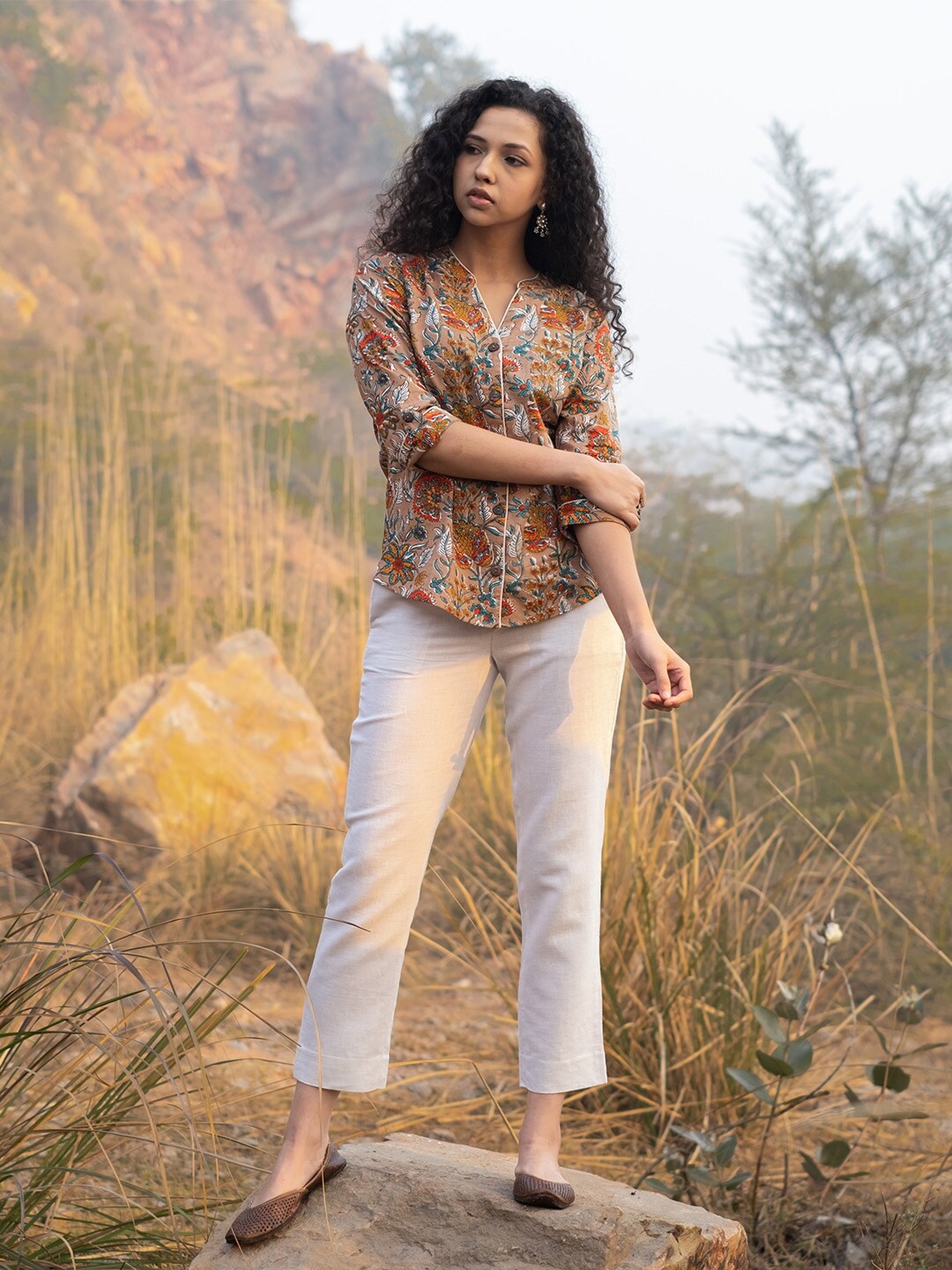 

AKISO Floral Print Cotton Top, Brown