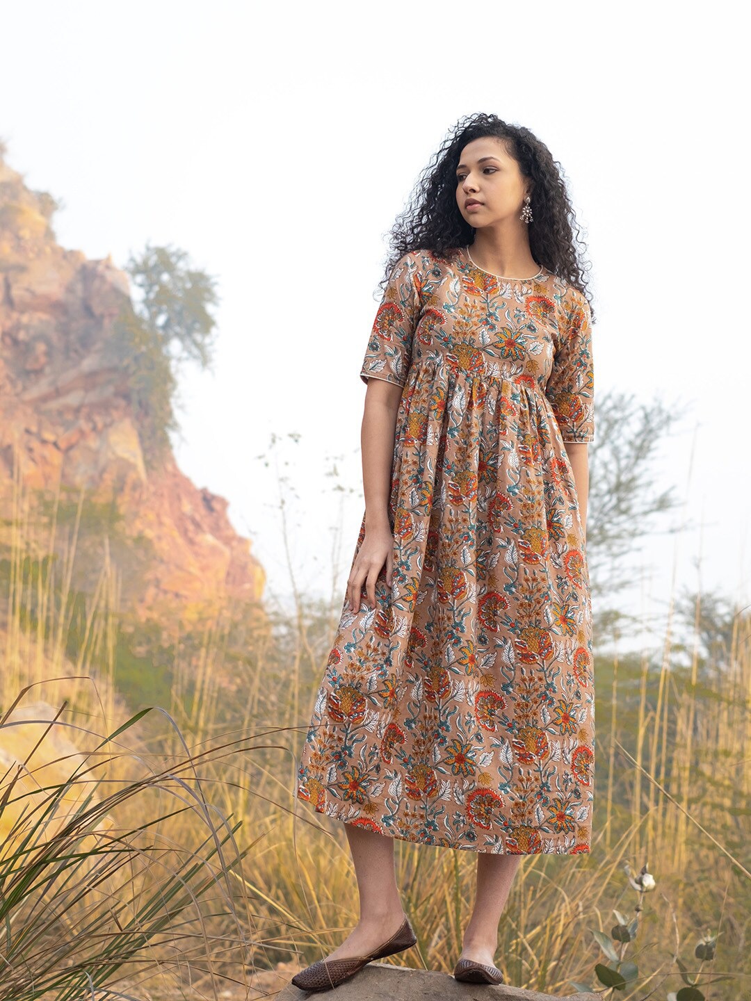 

AKISO Ethnic Motifs Printed Empire Cotton Midi Dress, Brown