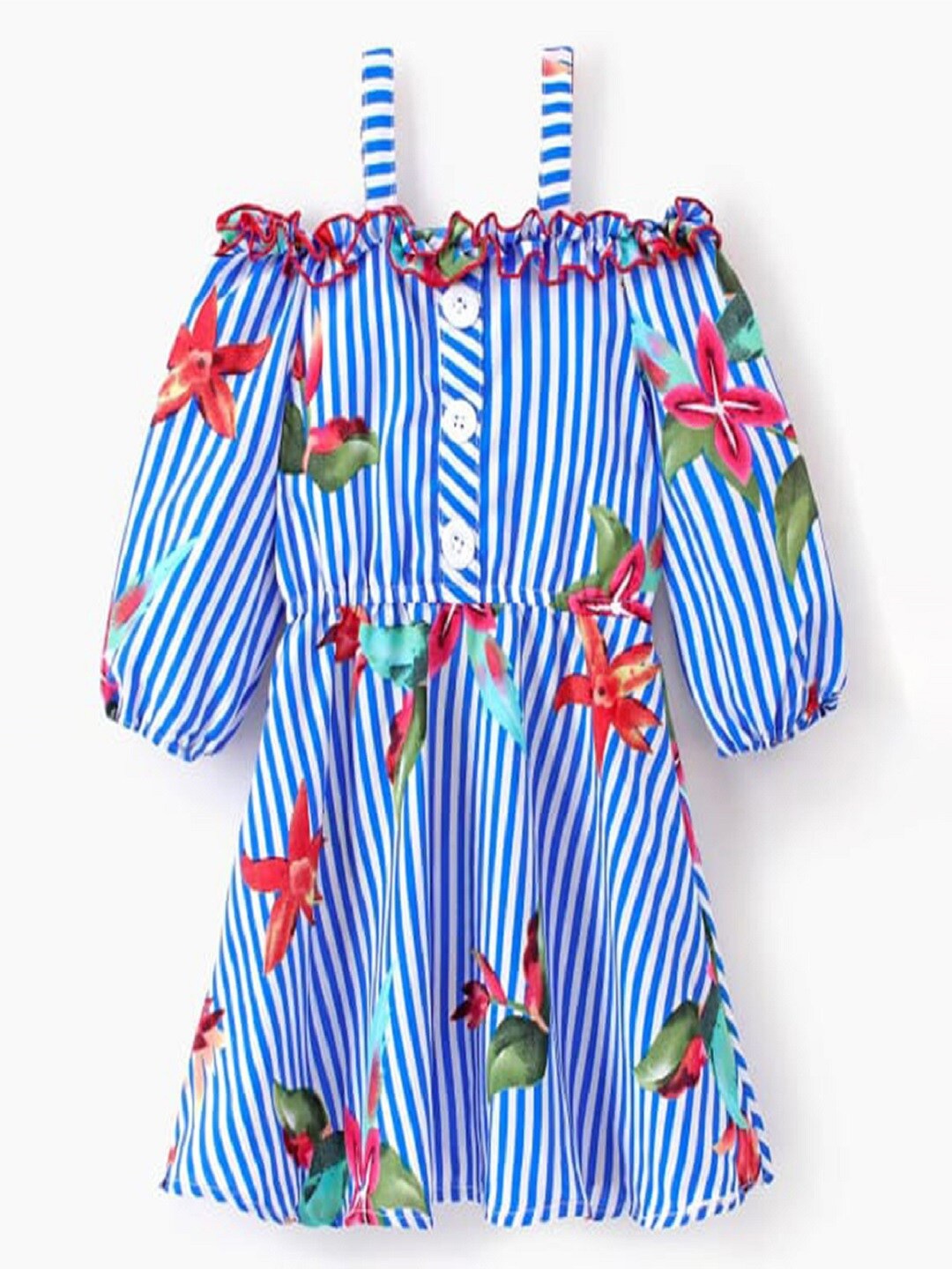 

M'andy Striped Puff Sleeves Fit And Flare Dress, Blue