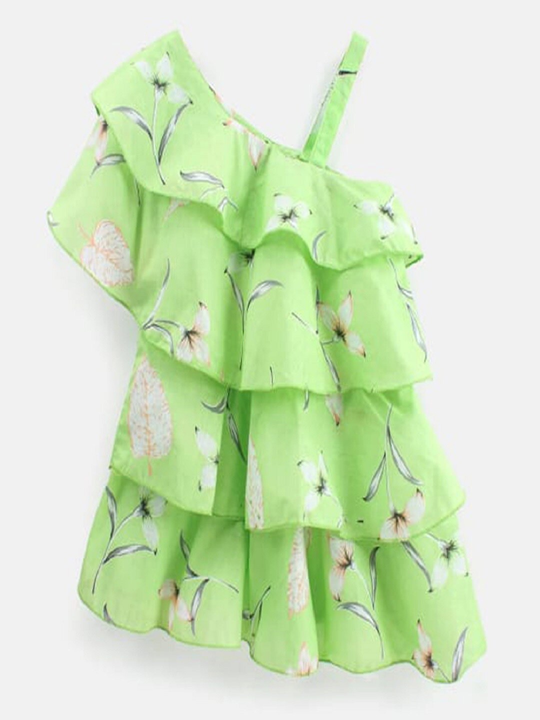 

M'andy Girls Floral Printed One Shoulder Layered Detail Pure Cotton Maxi Dress, Green