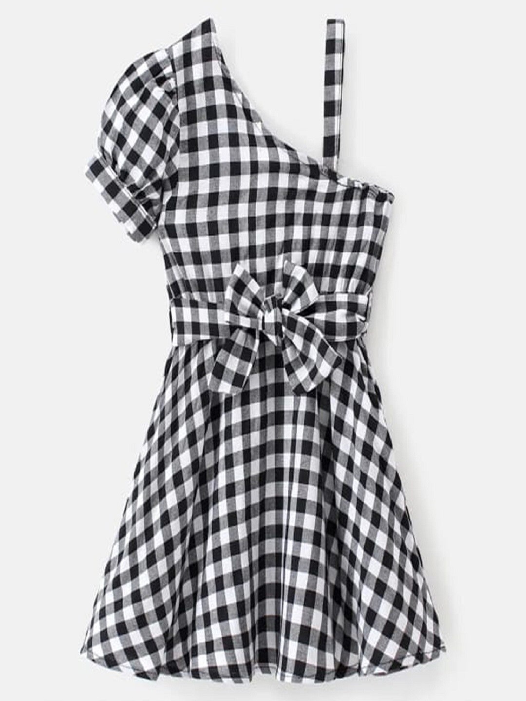 

M'andy Girls Checked One Shoulder Tie Ups Detail Pure Cotton Fit & Flare Dress, Black