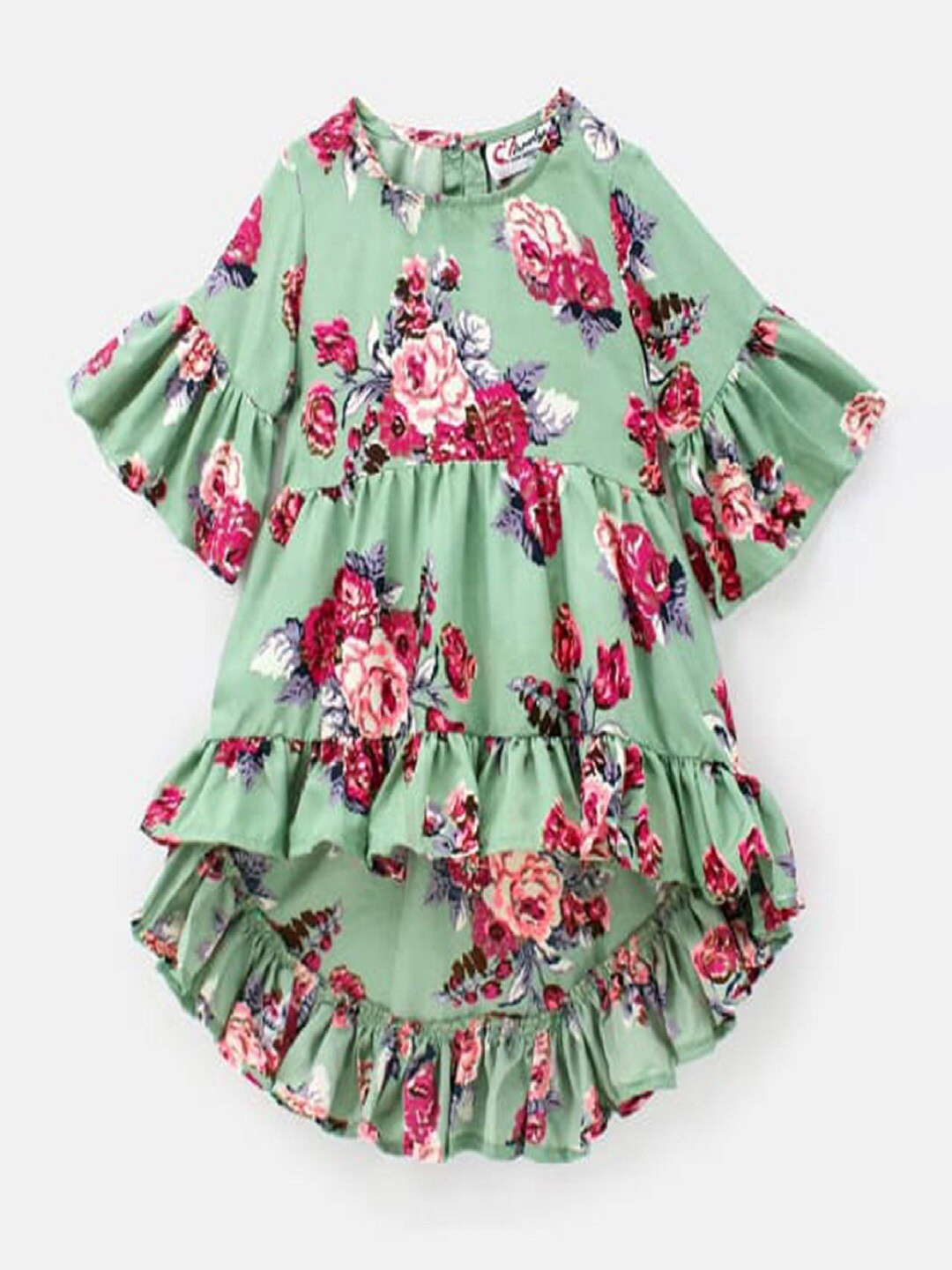 

M'andy Green Girls Floral Printed Bell Sleeves Fit & Flare Dress