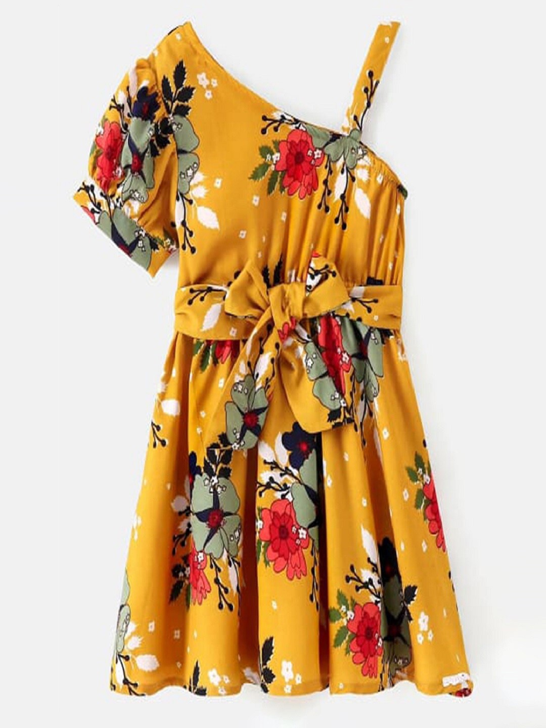

M'andy Girls Floral Printed One Shoulder Fit & Flare Dress, Yellow