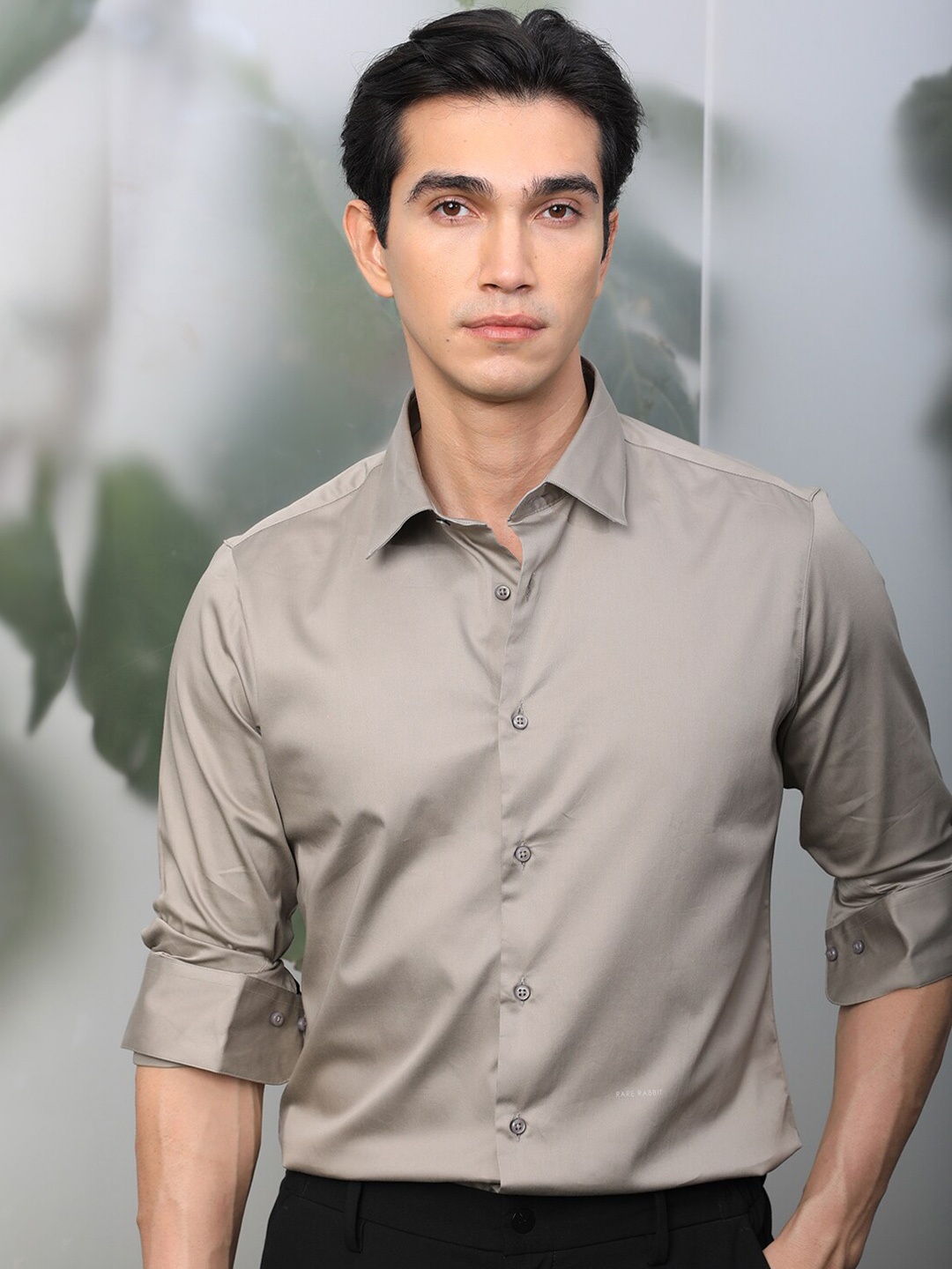 

RARE RABBIT Men Melton Slim Fit Cotton Shirt, Grey