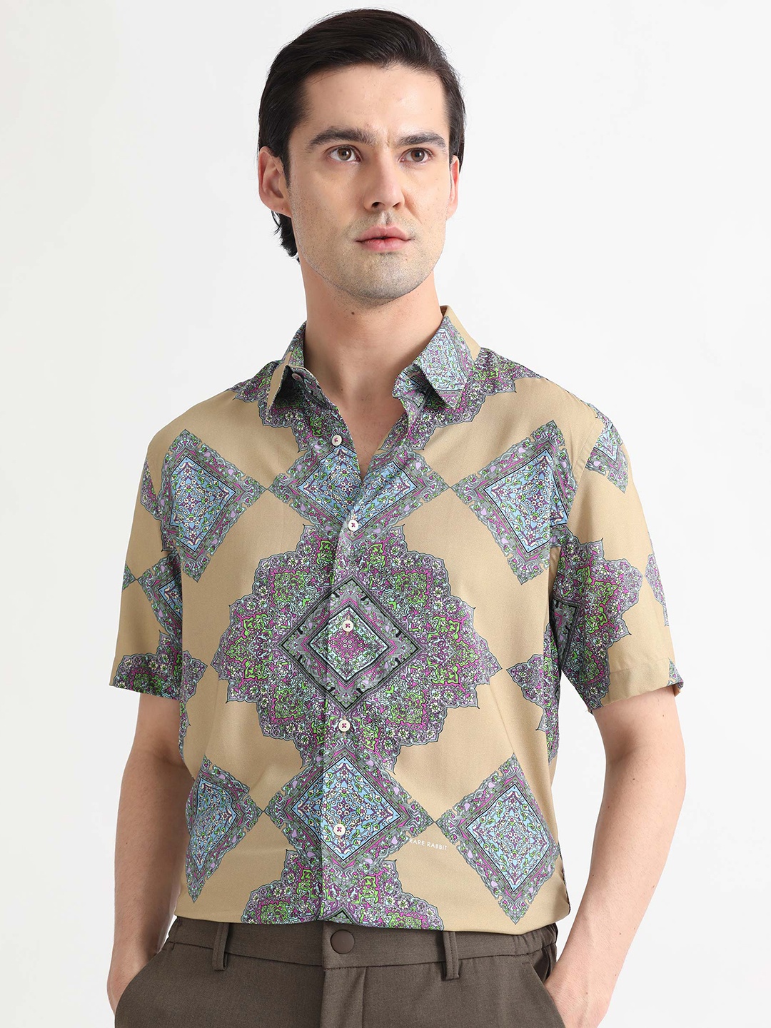 

RARE RABBIT Men Basso Slim Fit Ethnic Motifs Printed Opaque Cotton Shirt, Beige