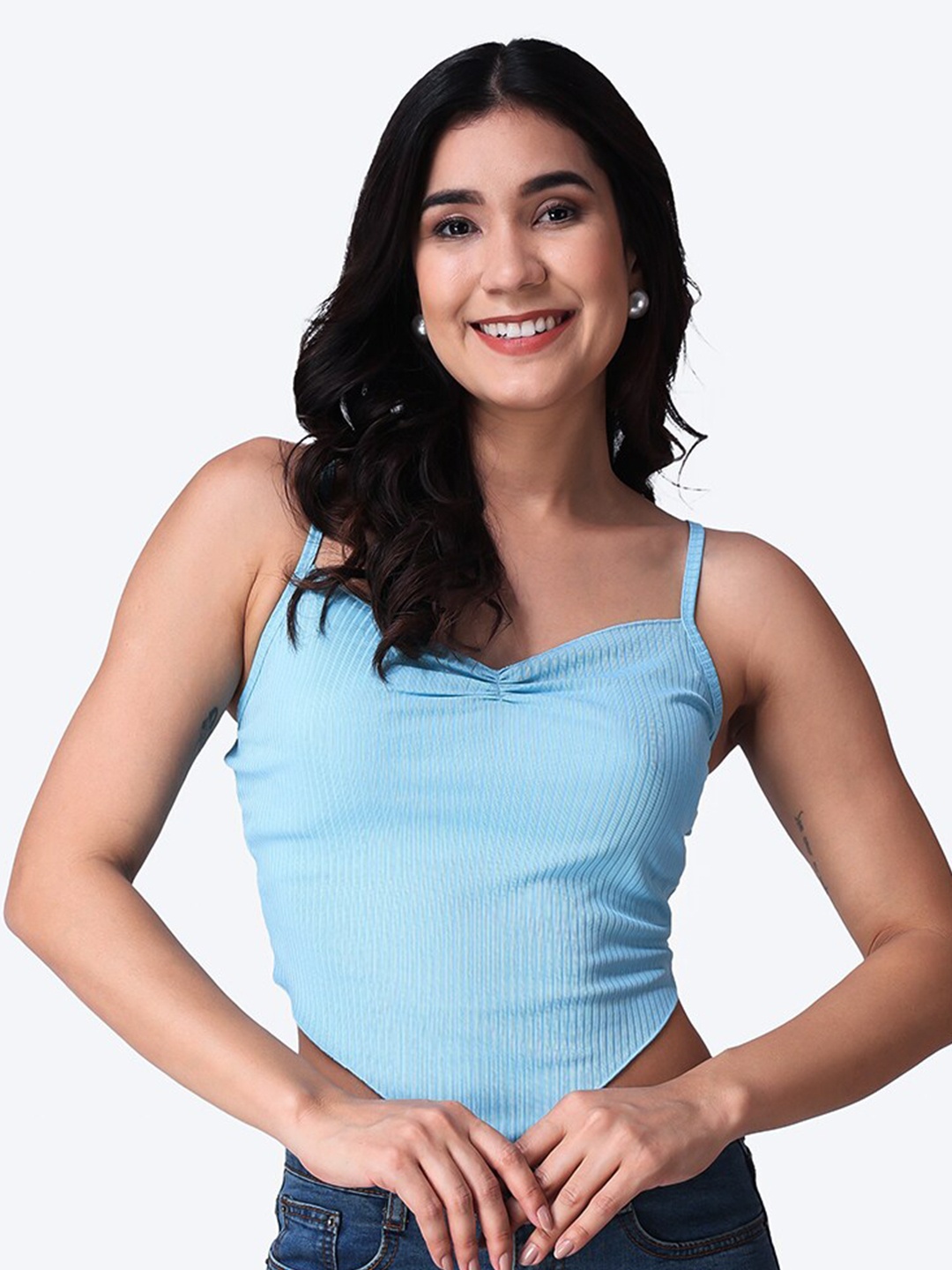 

Popwings Strap Hankie Knitted Fitted Crop Top, Turquoise blue