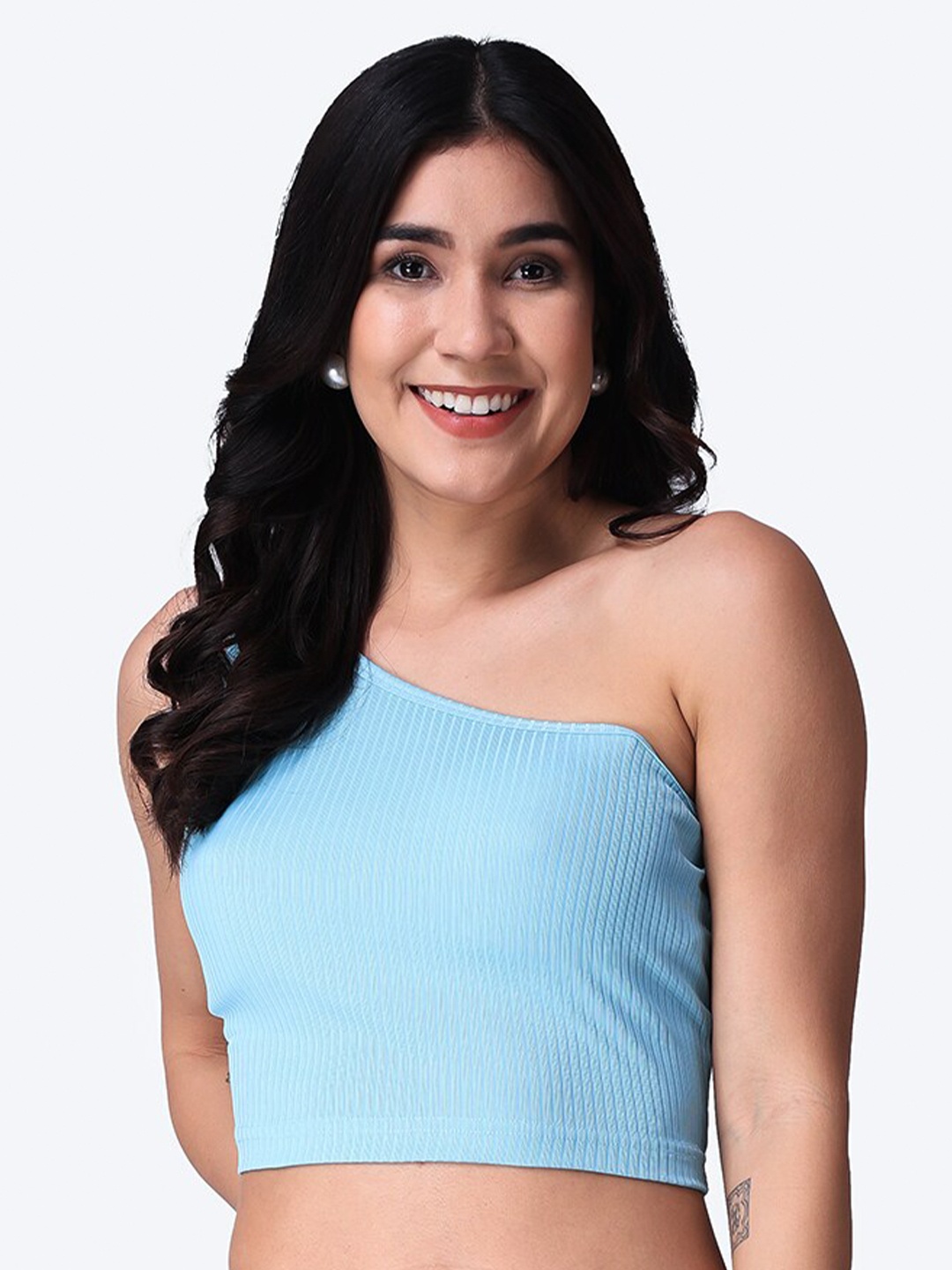 

Popwings Knitted One Shoulder Crop Fitted Top, Blue