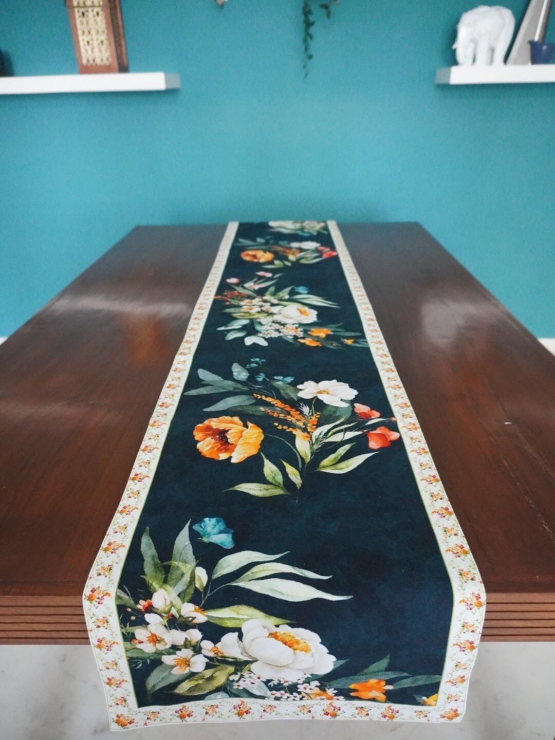 

TARA- Sparkling Homes Teal Green & White Printed Pure Cotton Reversible Table Runner