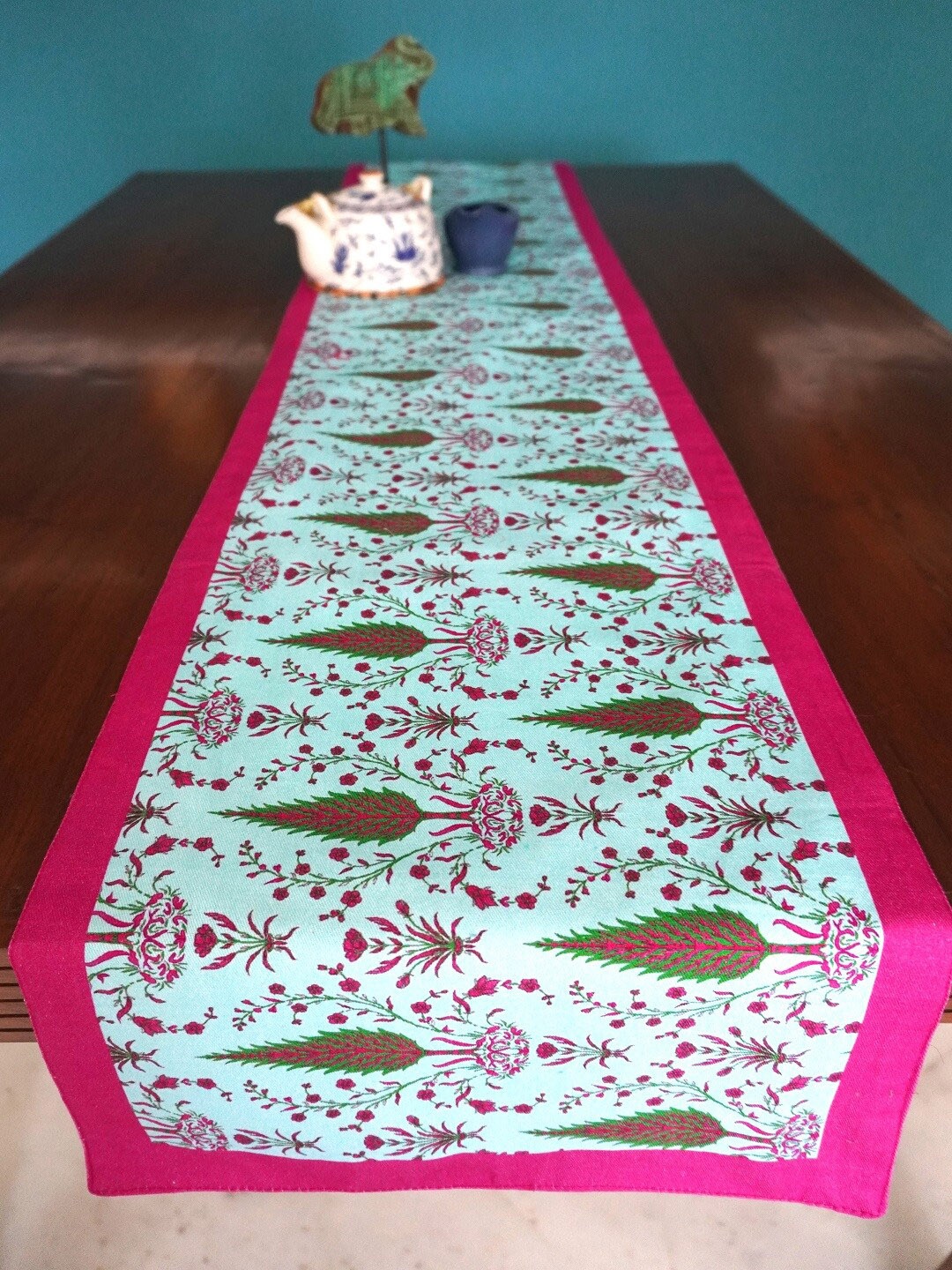 

TARA- Sparkling Homes Blue & Pink Digital Printed Pure Cotton Reversible Table Runner