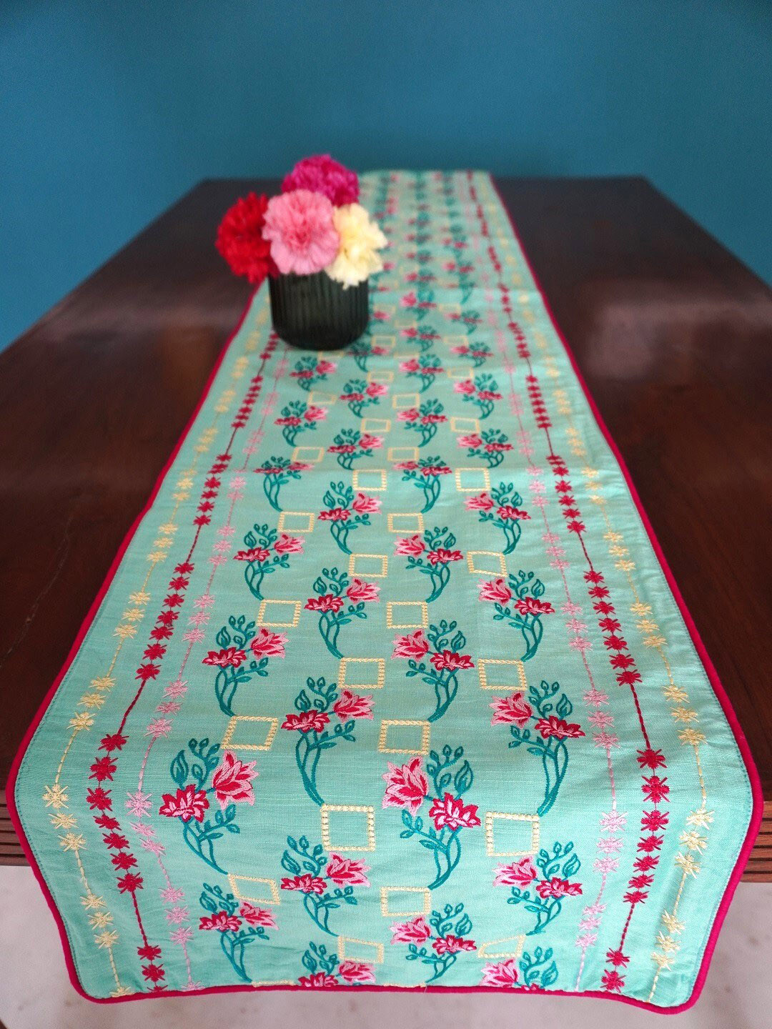 

TARA- Sparkling Homes Green & Pink Embroidered Cotton Silk Reversible Table Runner