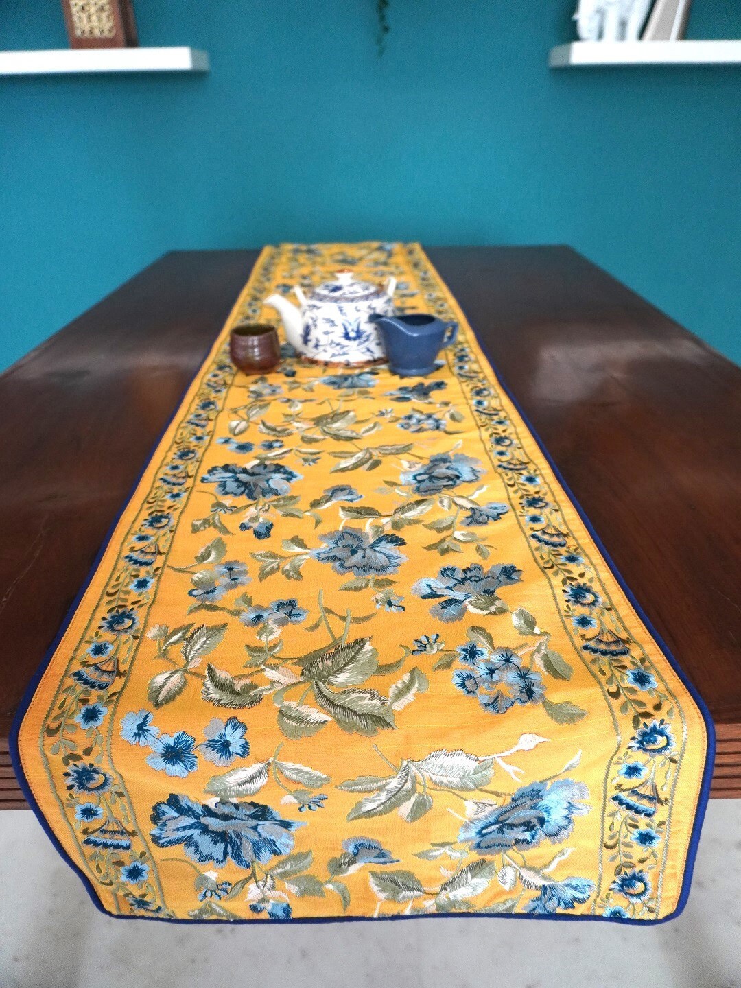

TARA- Sparkling Homes Yellow & Blue Embroidered Cotton Silk Table Runner