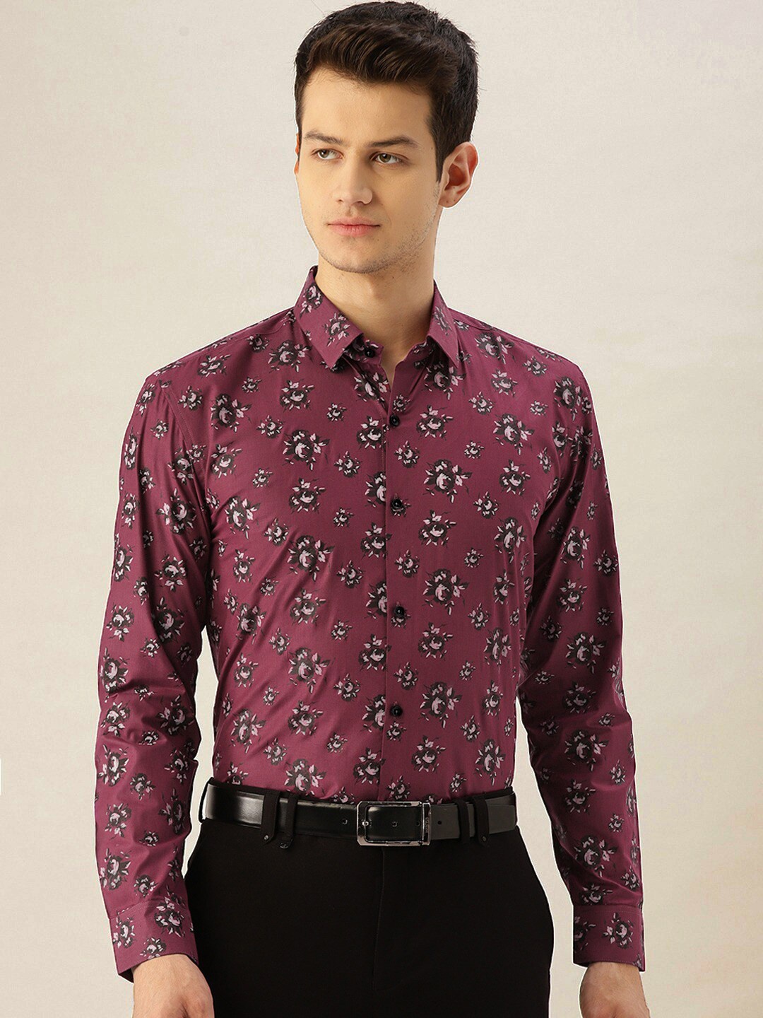 

JAINISH Classic Floral Printed Pure Cotton Formal Shirt, Maroon