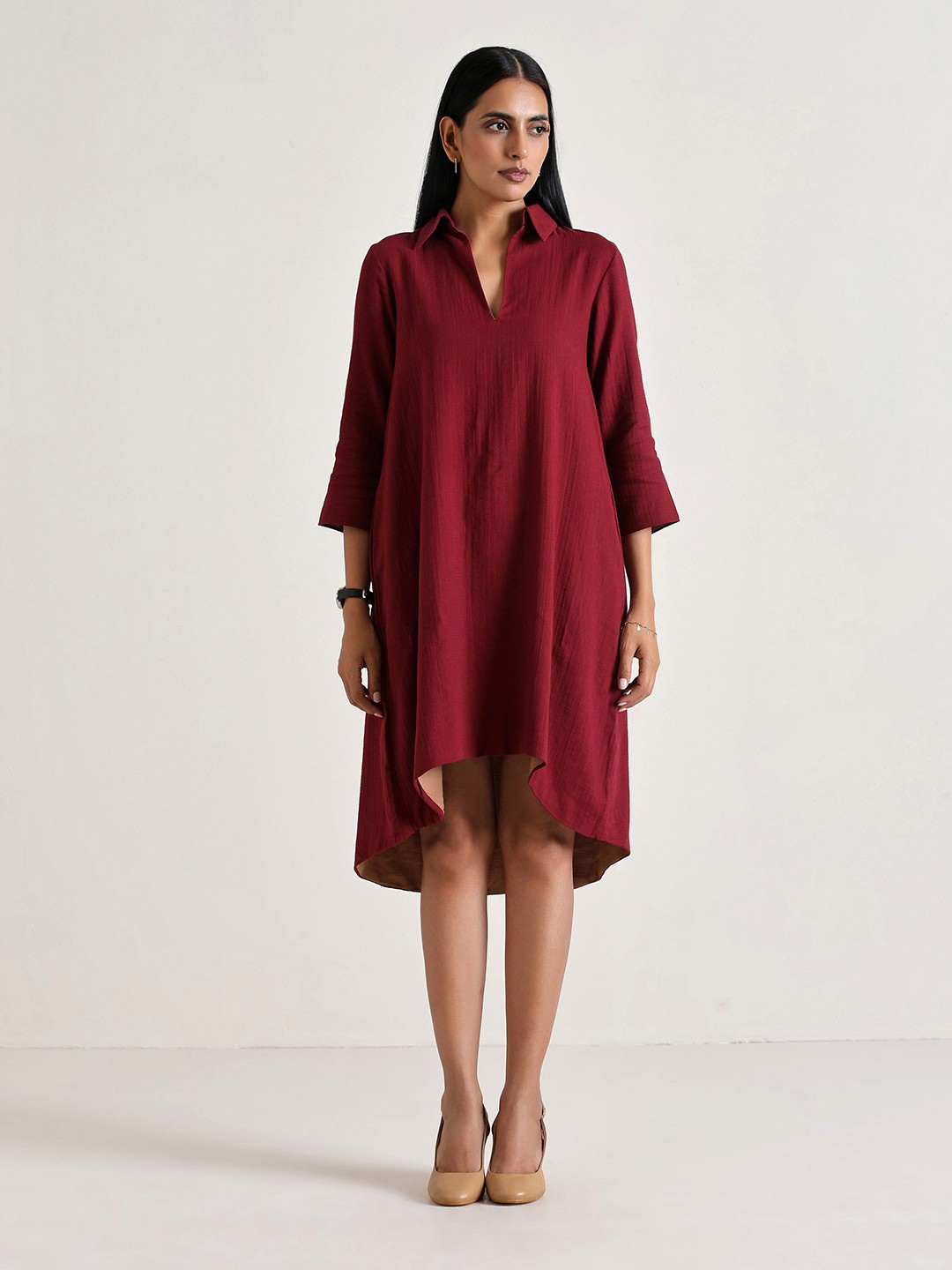 

trueBrowns Shirt Collar high Low Hem A-Line Dress, Maroon