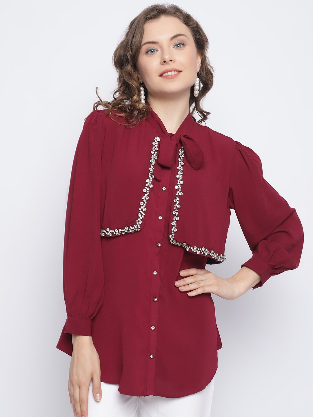 

CHIQUE Tie-Up Neck Embellished Georgette Shirt Style Top, Maroon
