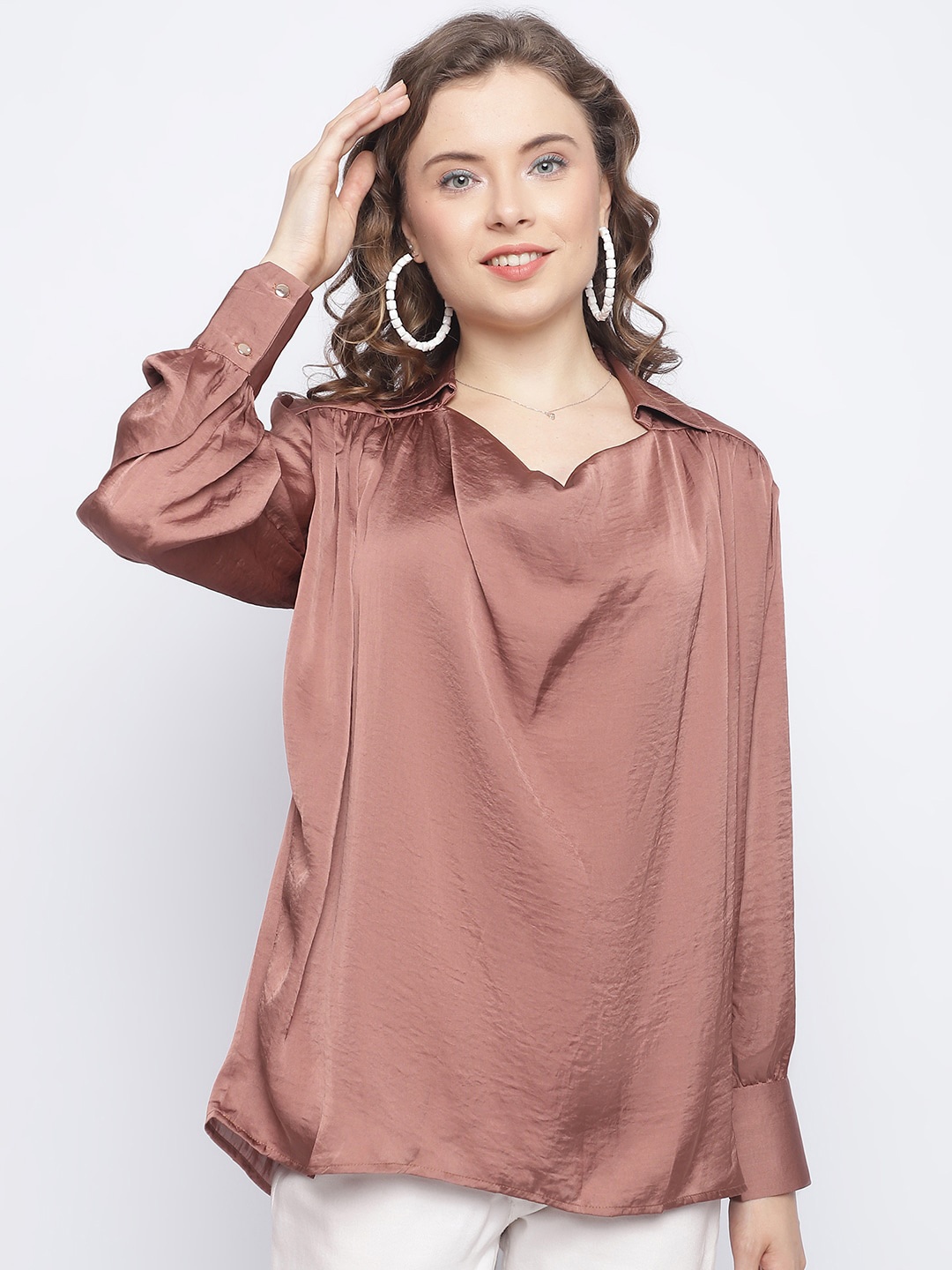

CHIQUE Cowl Neck Satin Top, Copper