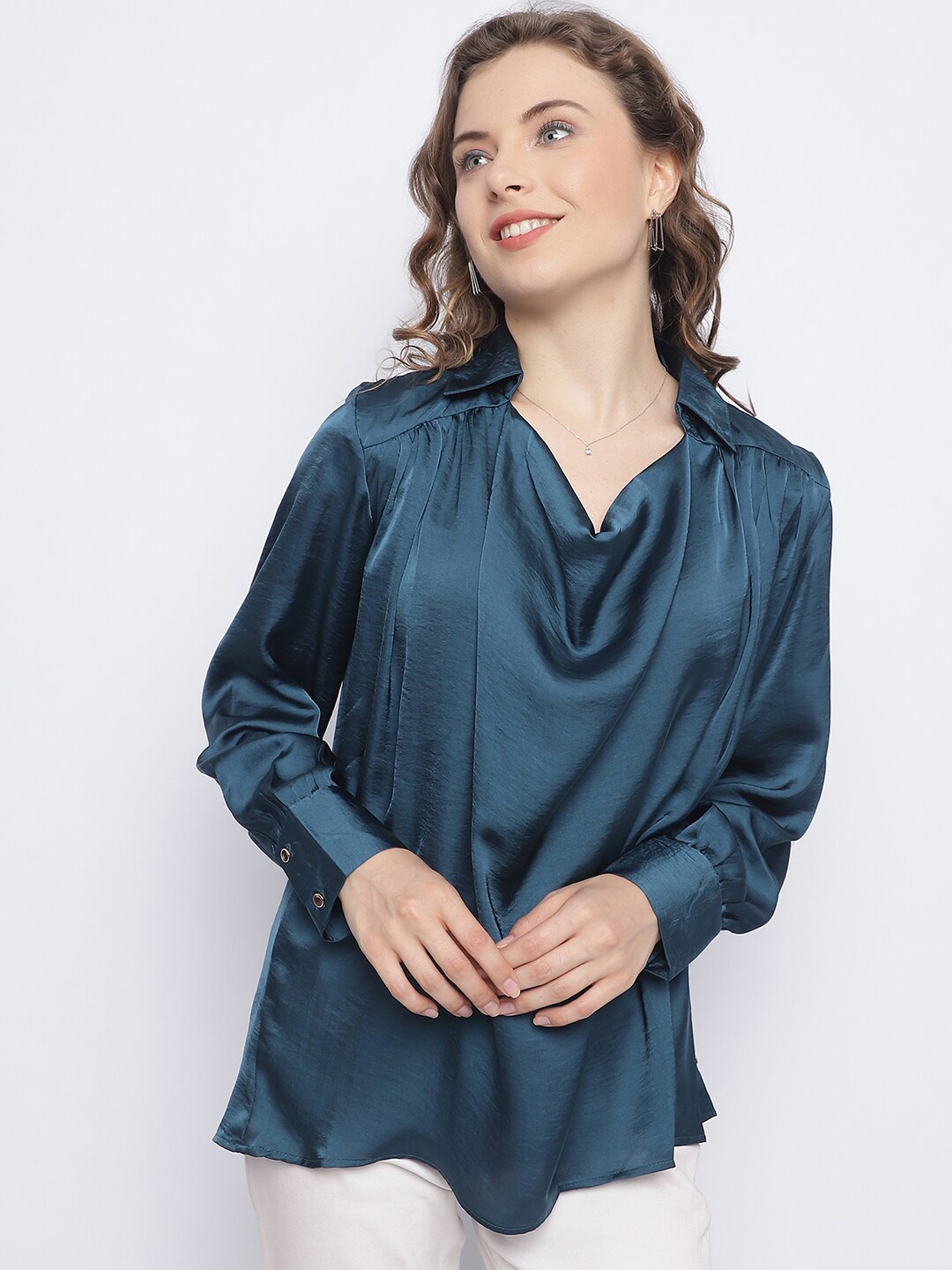 

CHIQUE Satin Shirt Collar Top, Blue