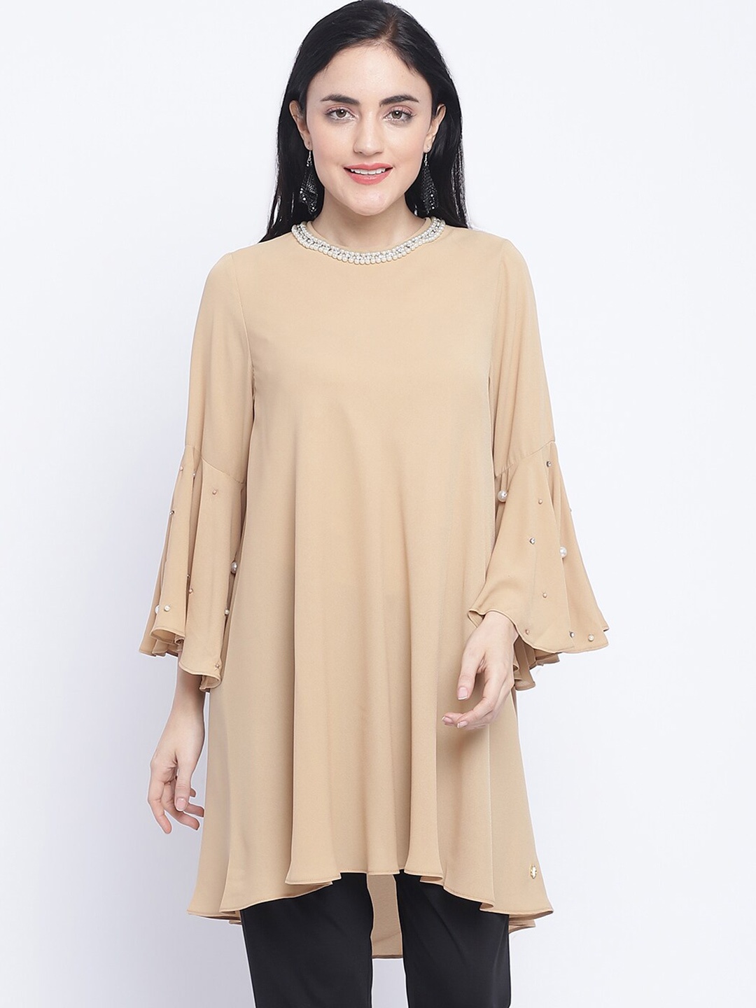 

CHIQUE Bell Sleeve Georgette Longline Top, Beige