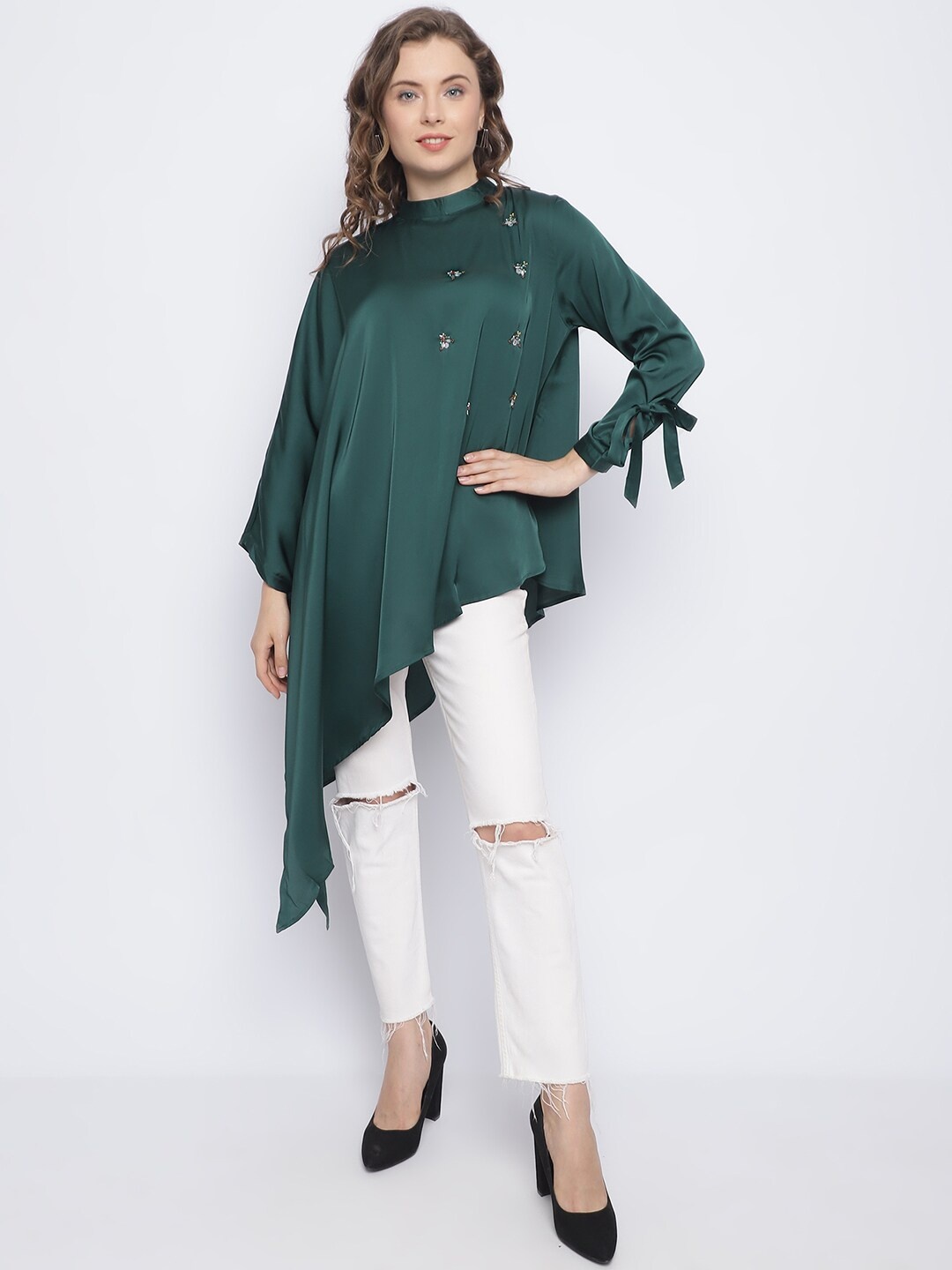 

CHIQUE Embellished High-Low Longline Top, Green
