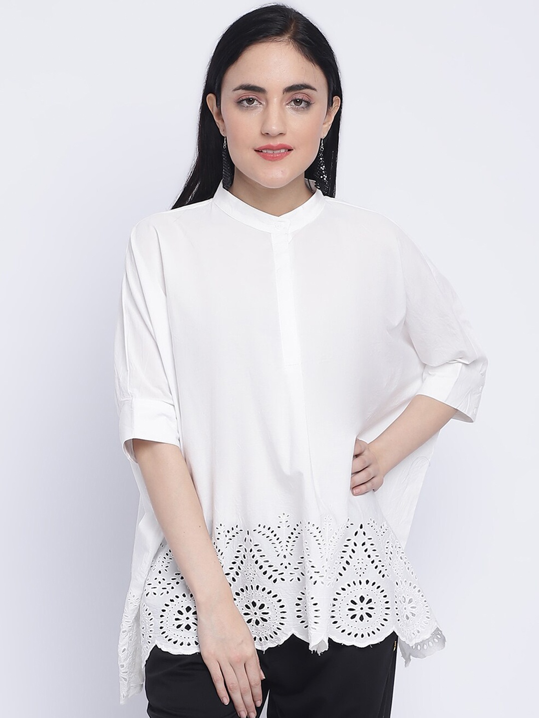 

CHIQUE Schiffli Self Design Mandarin Collar Cotton A-Line Top, White