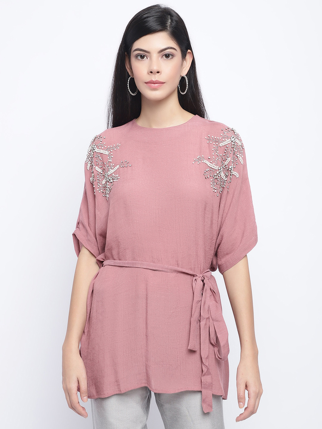 

CHIQUE Ethnic Motifs Embroidered Cinched Waist Top, Pink
