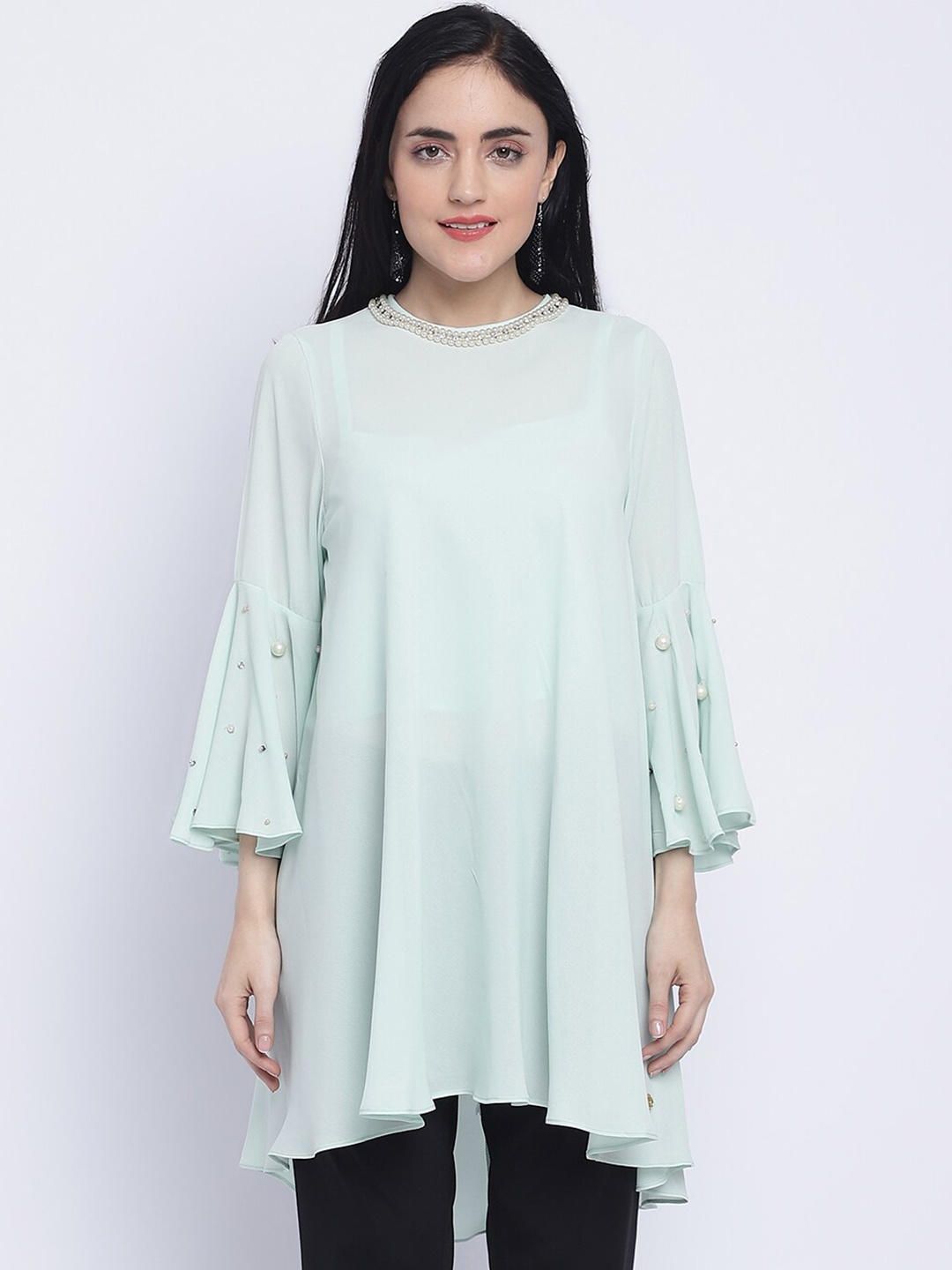 

CHIQUE Bell Sleeve Georgette High-Low Longline Top, Sea green