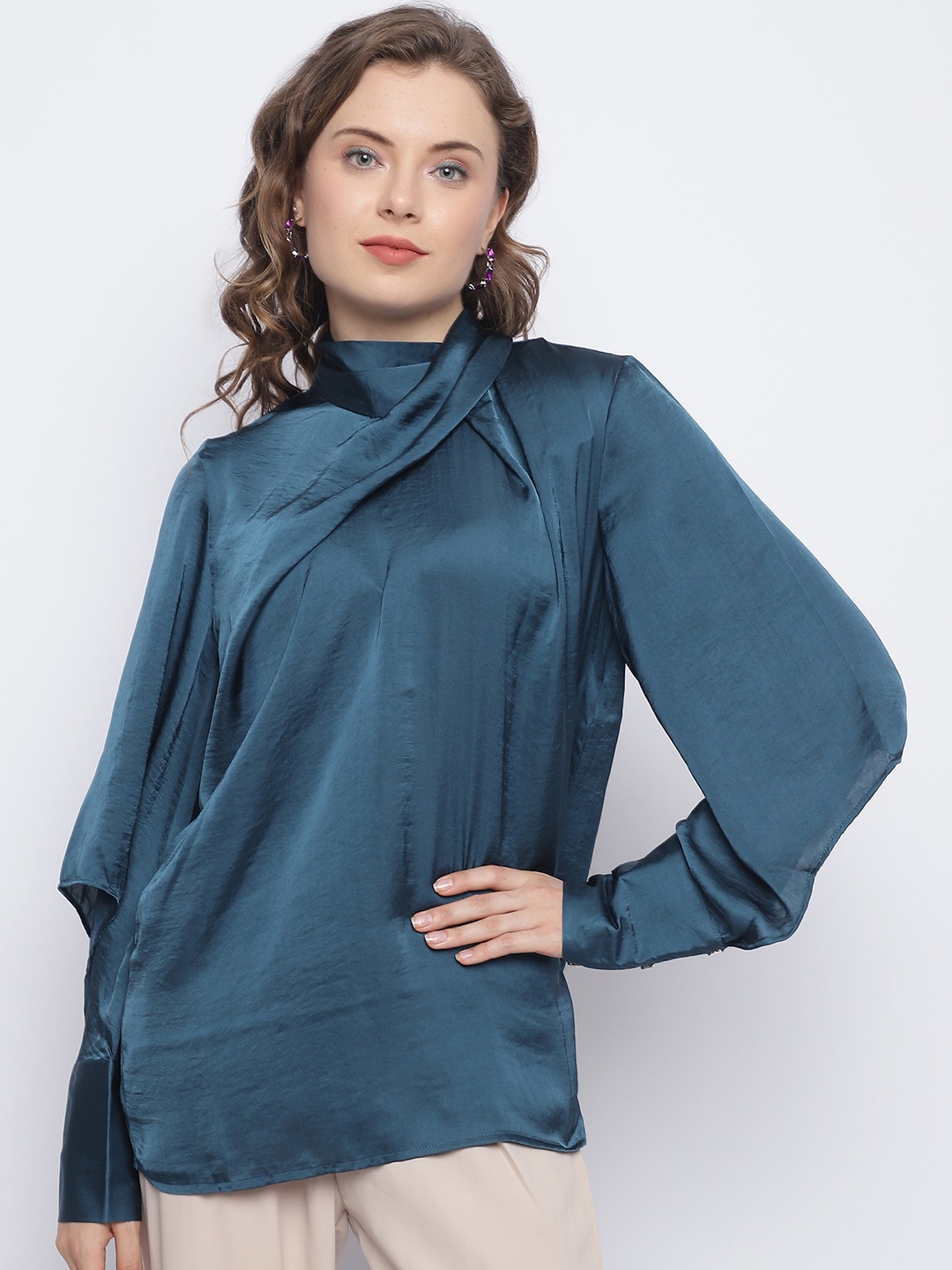 

CHIQUE Cuffed Sleeves High Neck Tie-Up Detail Satin Top, Teal
