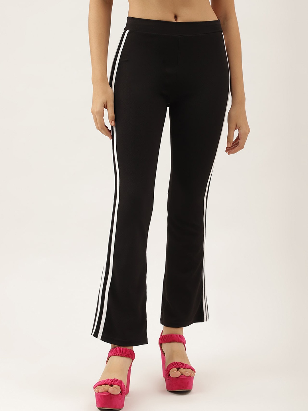 

AAHWAN Women Striped Slim Fit Bootcut Trousers, Black